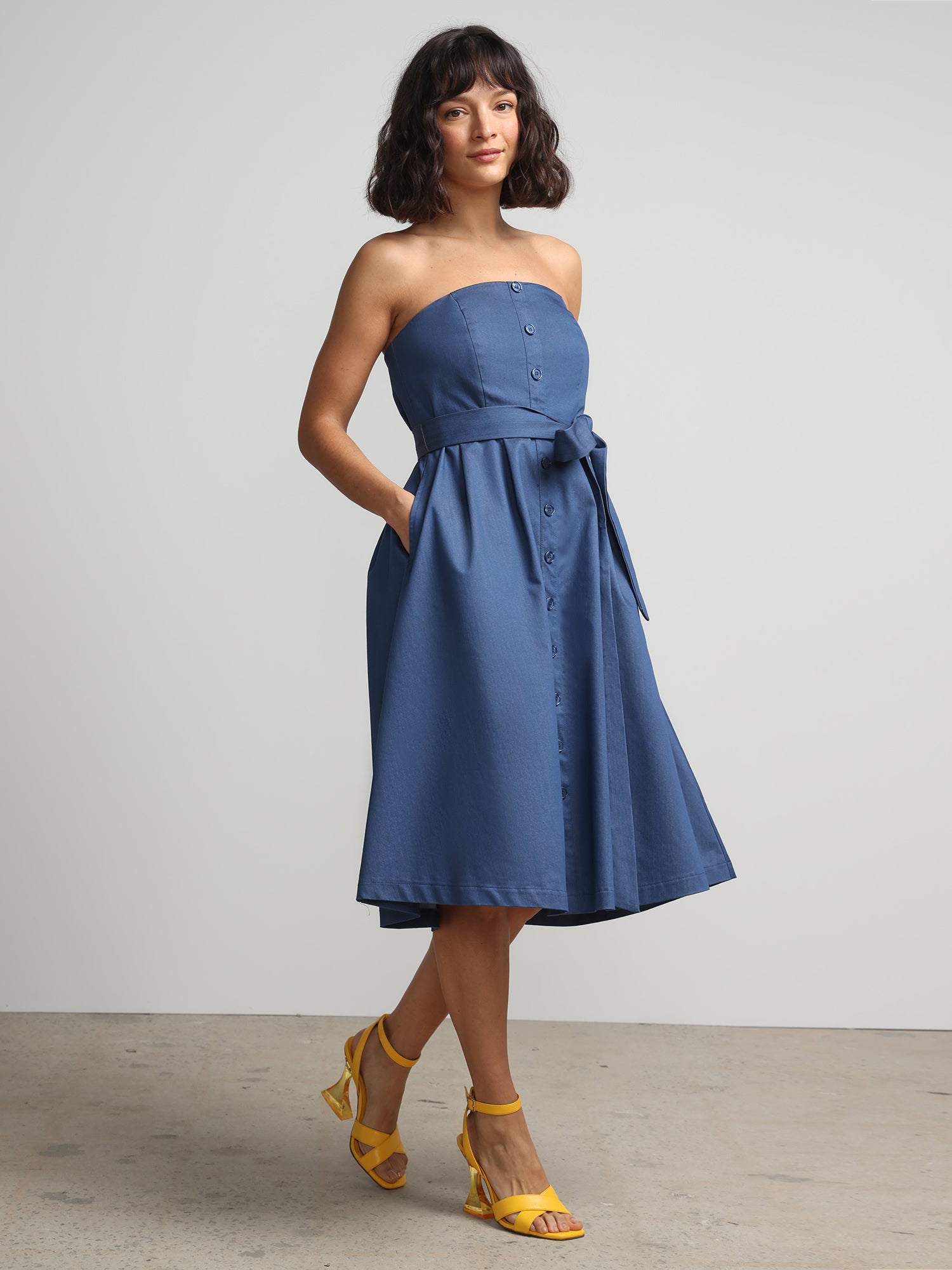 Strapless Belted Denim Flare Dress New York & Company Strapless Belted Denim Flare Dress New York & Company