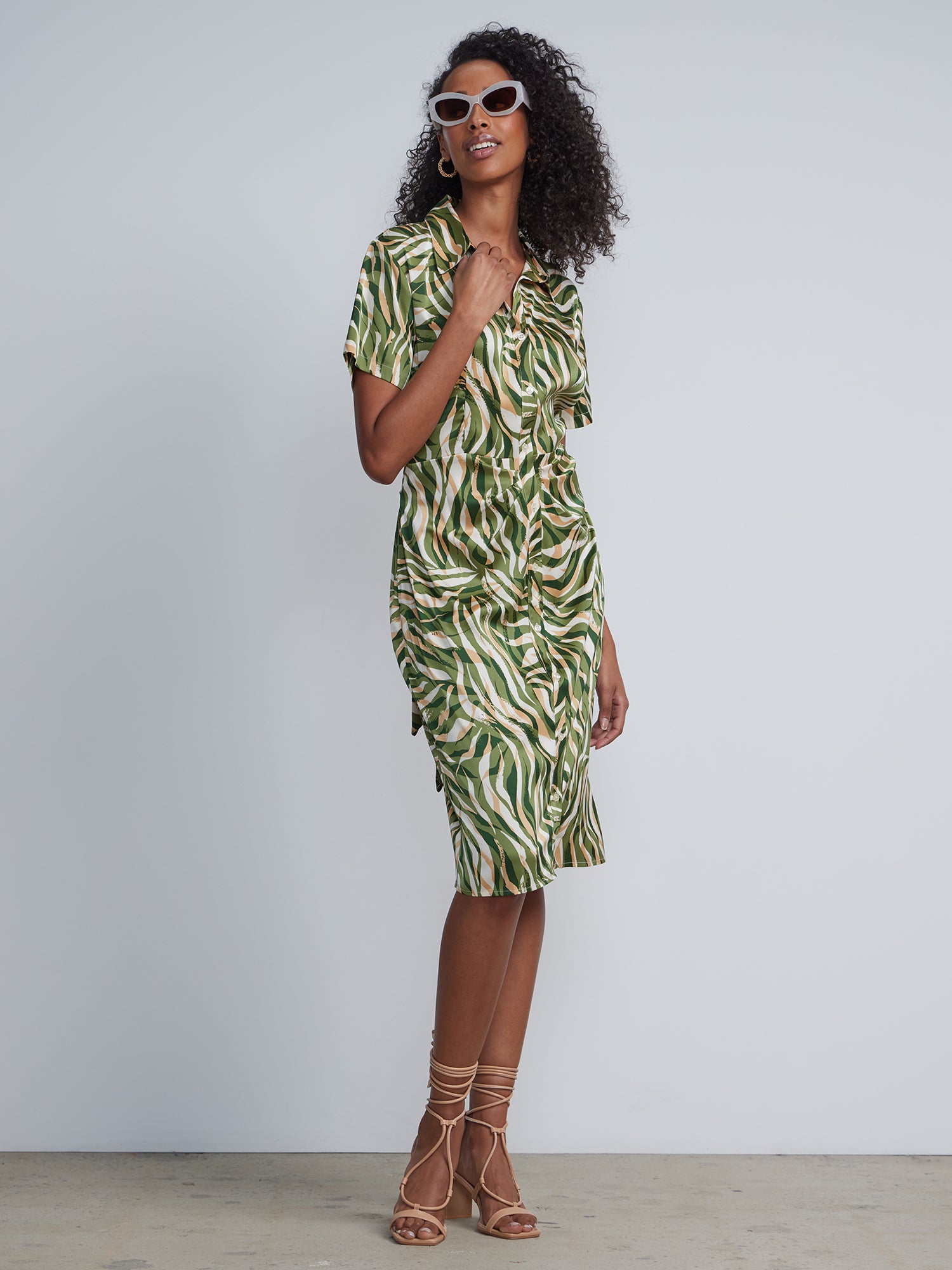 Satin Printed Ruched Shirt Dress New York & Company Satin Printed Ruched Shirt Dress New York & Company