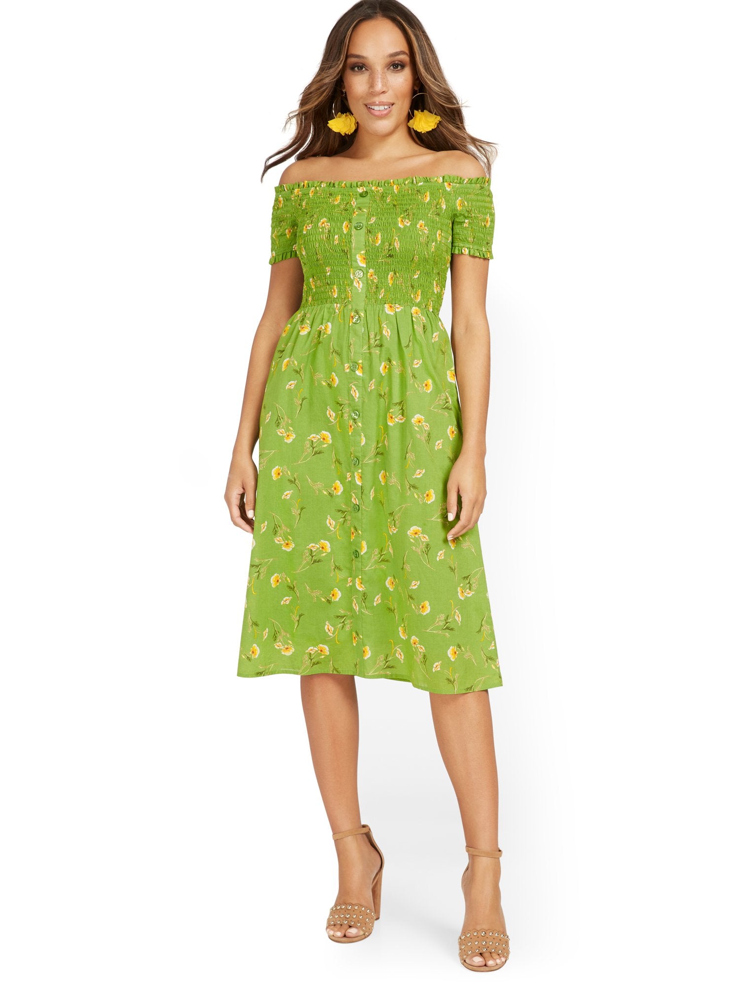 smocked off the shoulder floral dress Floral-Print Smocked Off-The-Shoulder Midi Dress – New York & Company