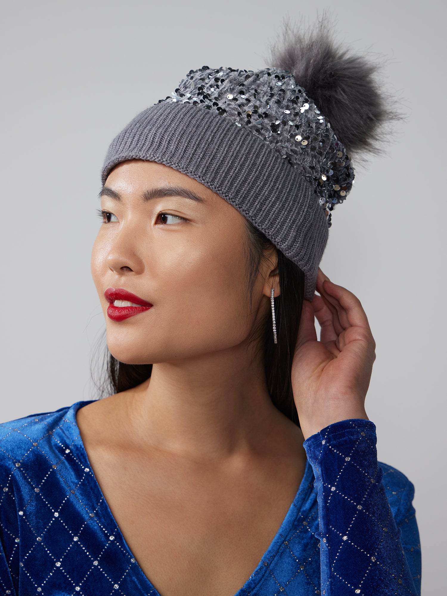 Sequin beanie Sequin Striped Pom Pom Ribbed Knit Beanie – Big Bag main image 2