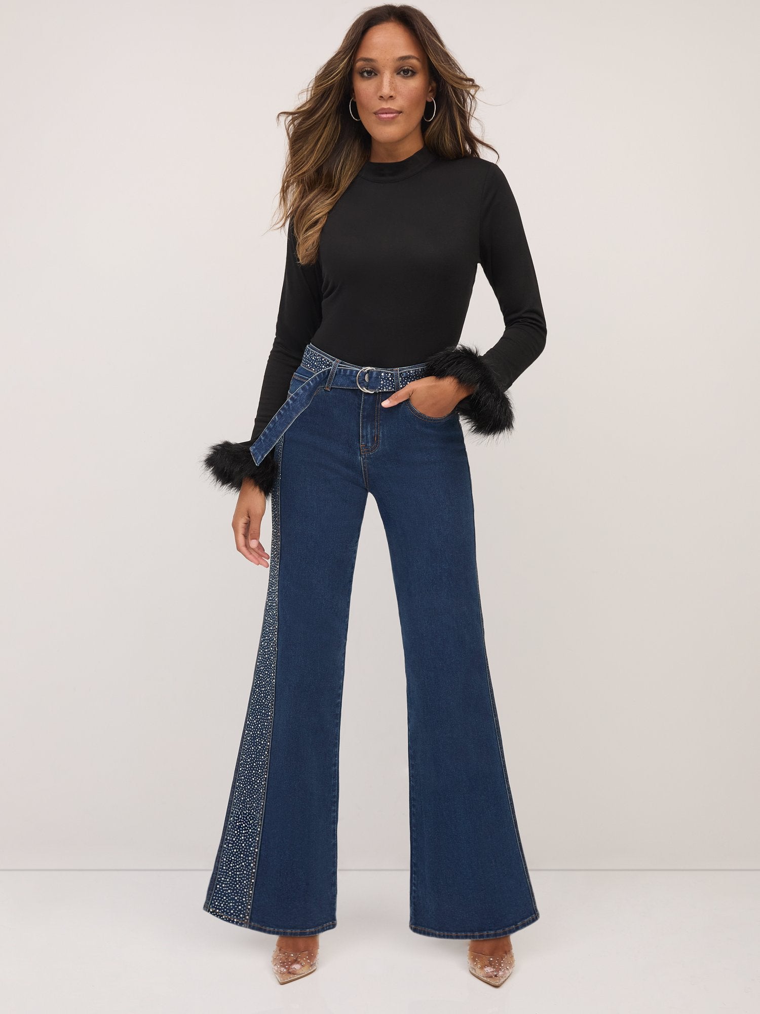 Ultra High-Waisted Rhinestone-Embellished Side-Stripe Wide-Leg 