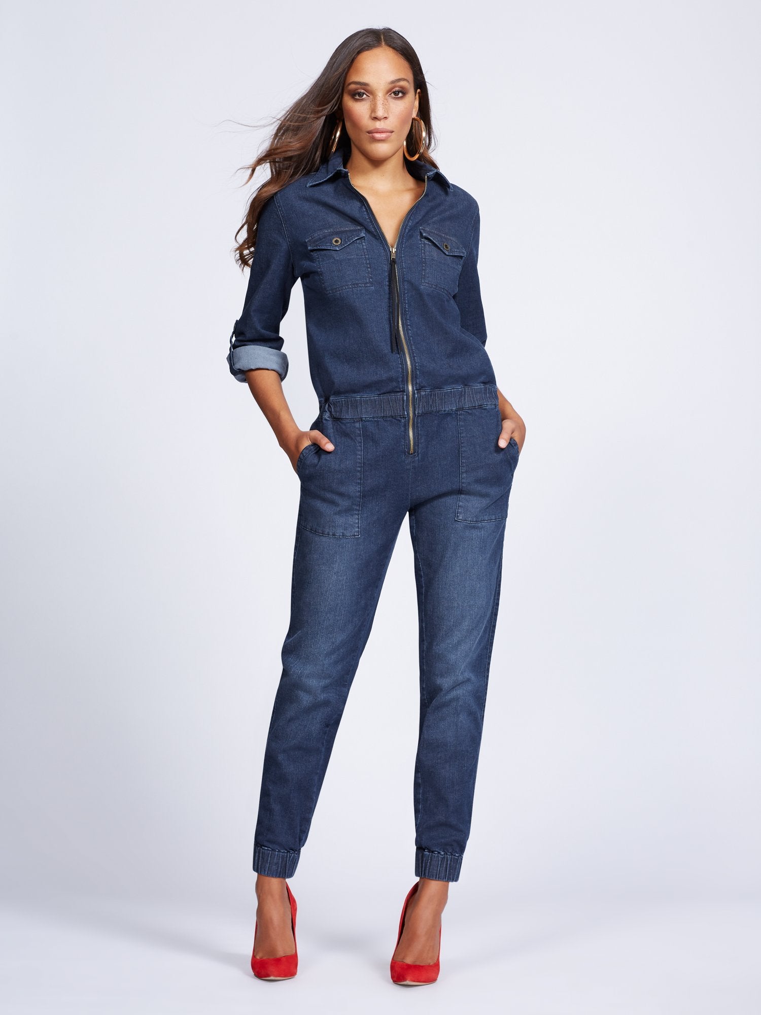 Zip-Front Denim Jumpsuit - Blue Dusk – New York & Company