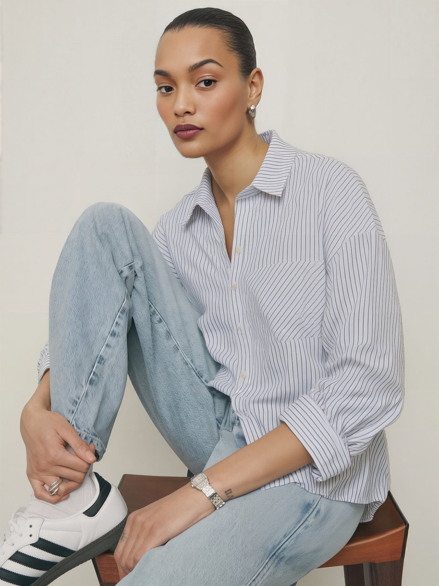 linen blend dress shirt Long Sleeve Striped Collared Linen Blend Button Down Shirt - SMALL / White