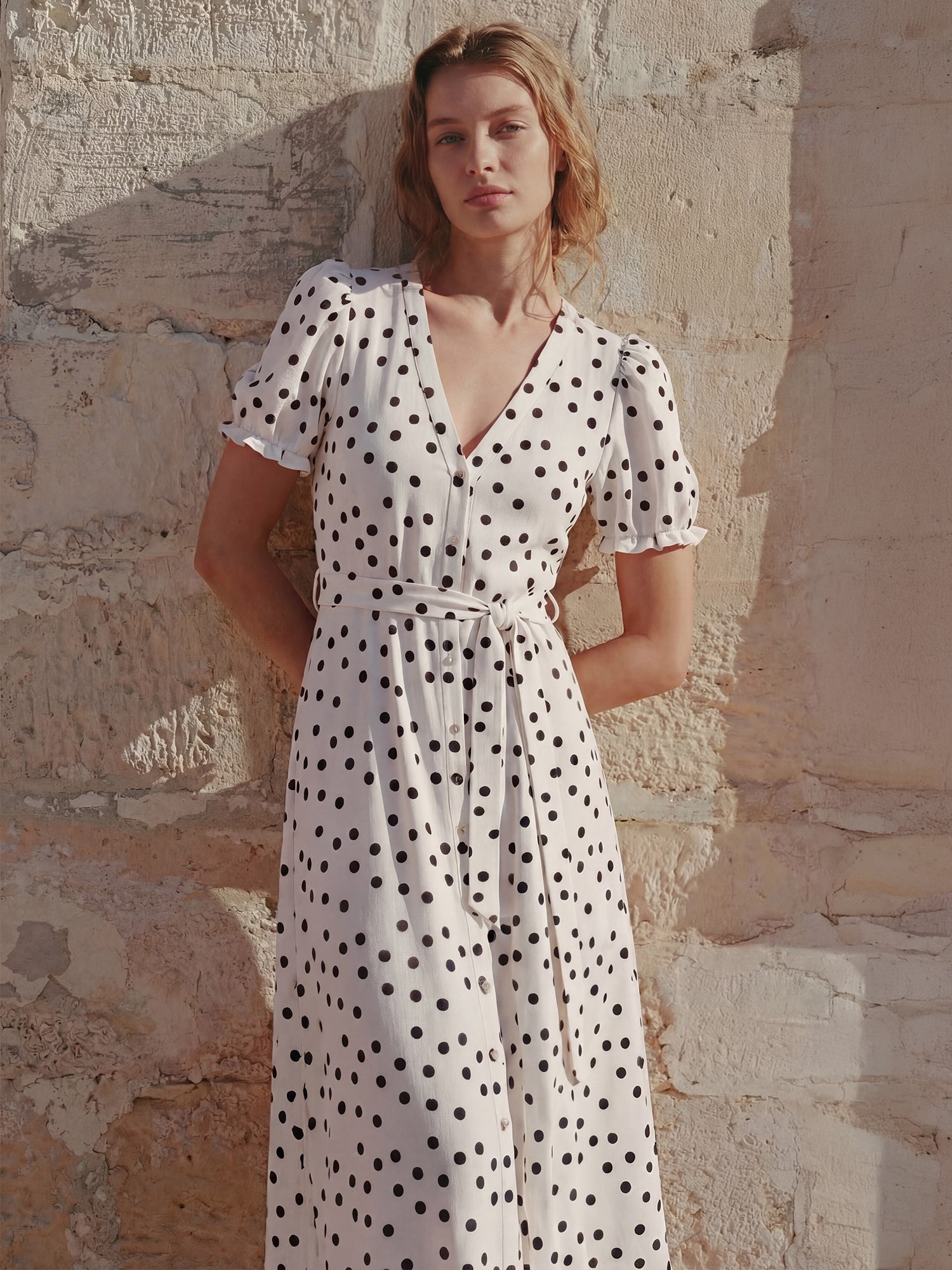 Short Sleeve Puff Sleeve Polka Dot Crepe Shirt Midi - LARGE / White Short Sleeve Puff Sleeve Polka Dot Crepe Shirt Midi - LARGE / White