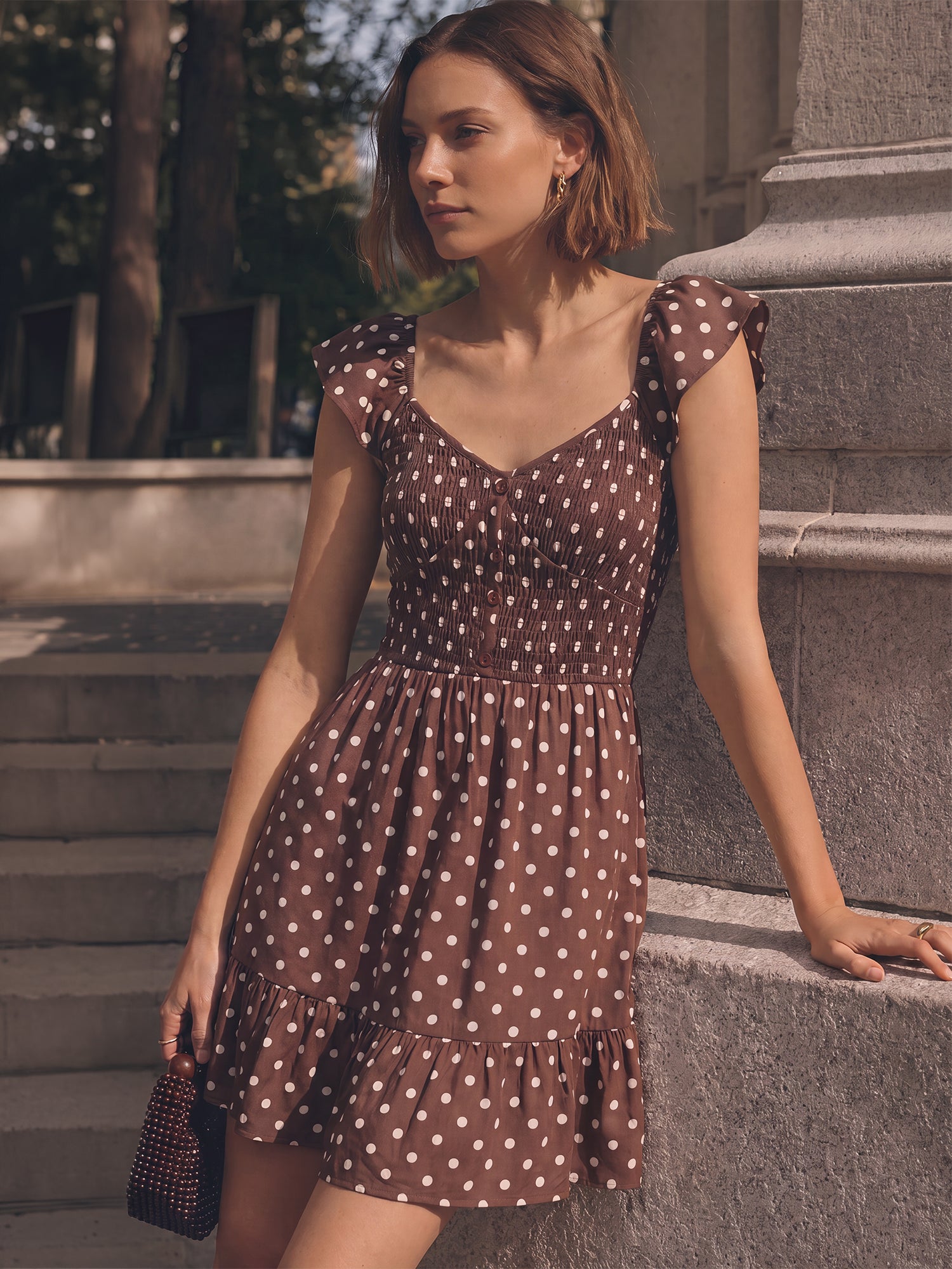 Cap Sleeve Polka Dot Smocked A Line Mini Dress - XLARGE / BROWN