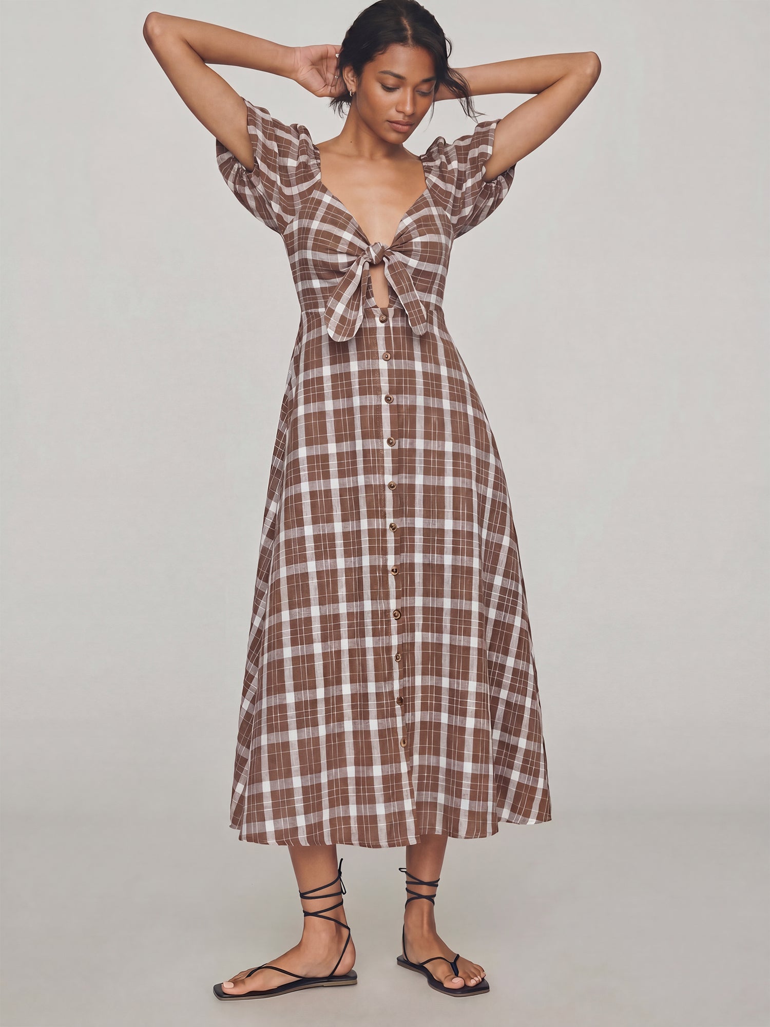 Plaid A-Line Midi Sundress With Front Tie - SMALL / BROWN