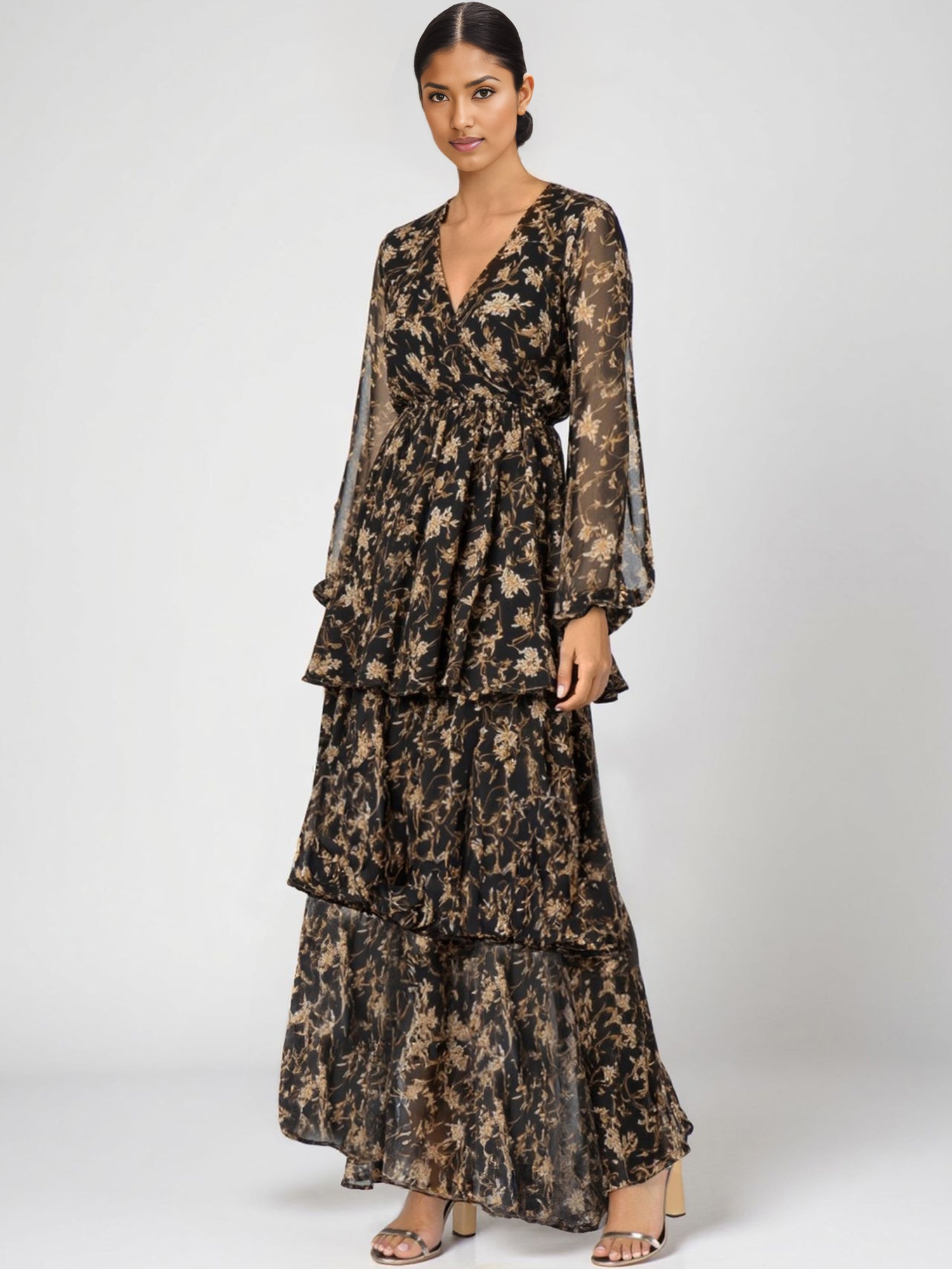 Long Sleeve Printed Ruffle Back Woven Maxi Dress – New York & Company