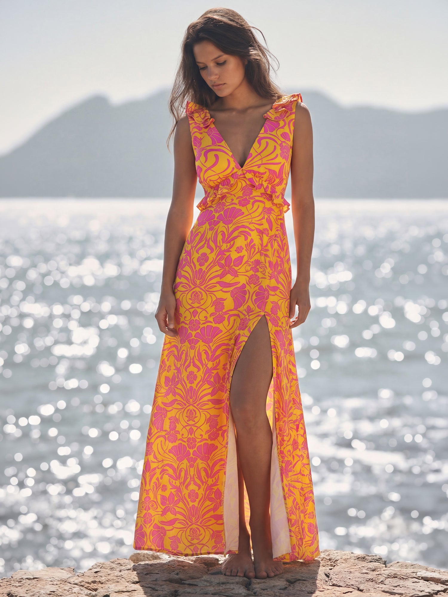 ruffle slit maxi dress Ruffle Slit Maxi Dress, U Neck  Stolen Stores