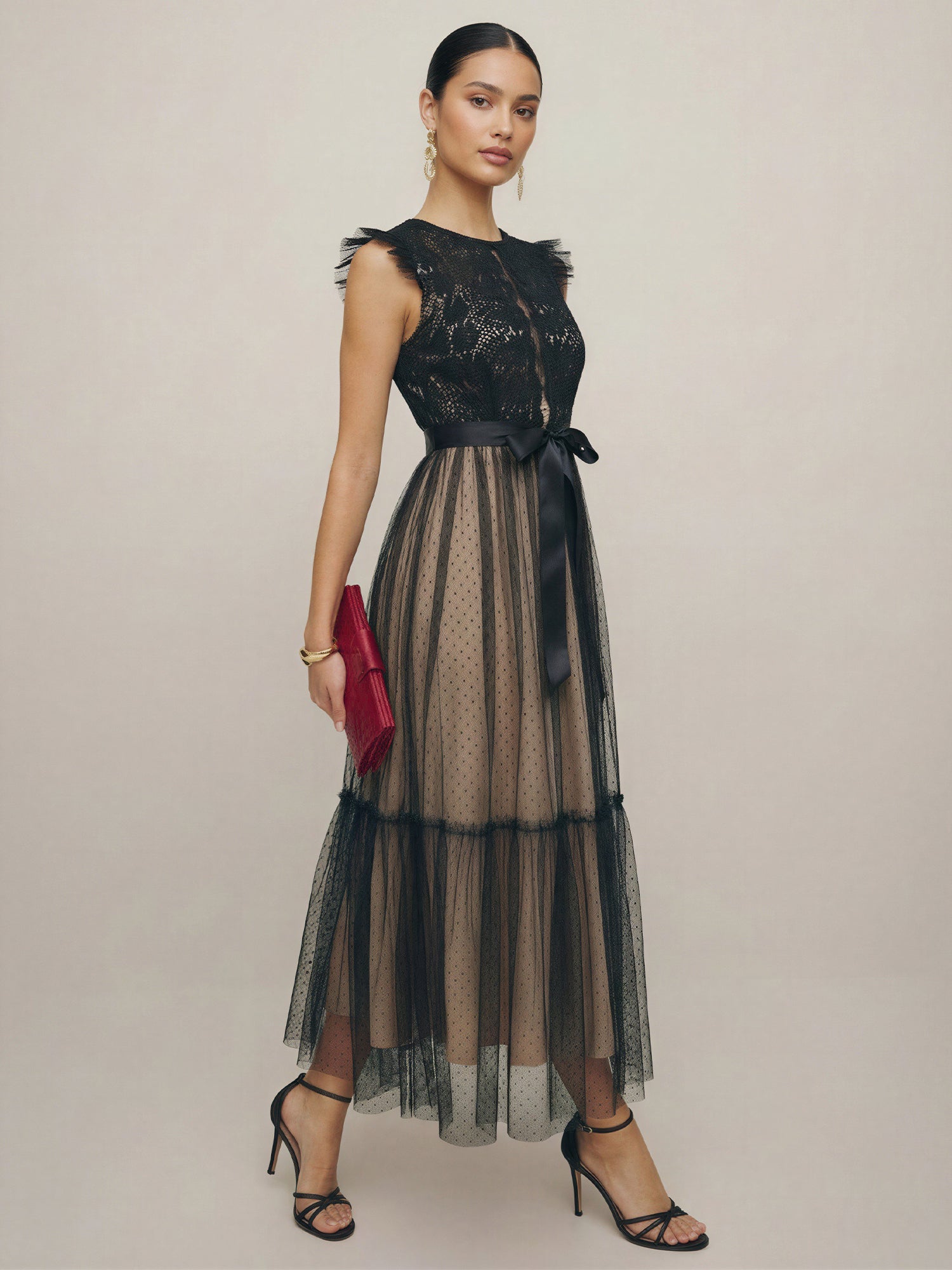 Ruffled Mesh Long Tie Front Midi Dress – New York & Company