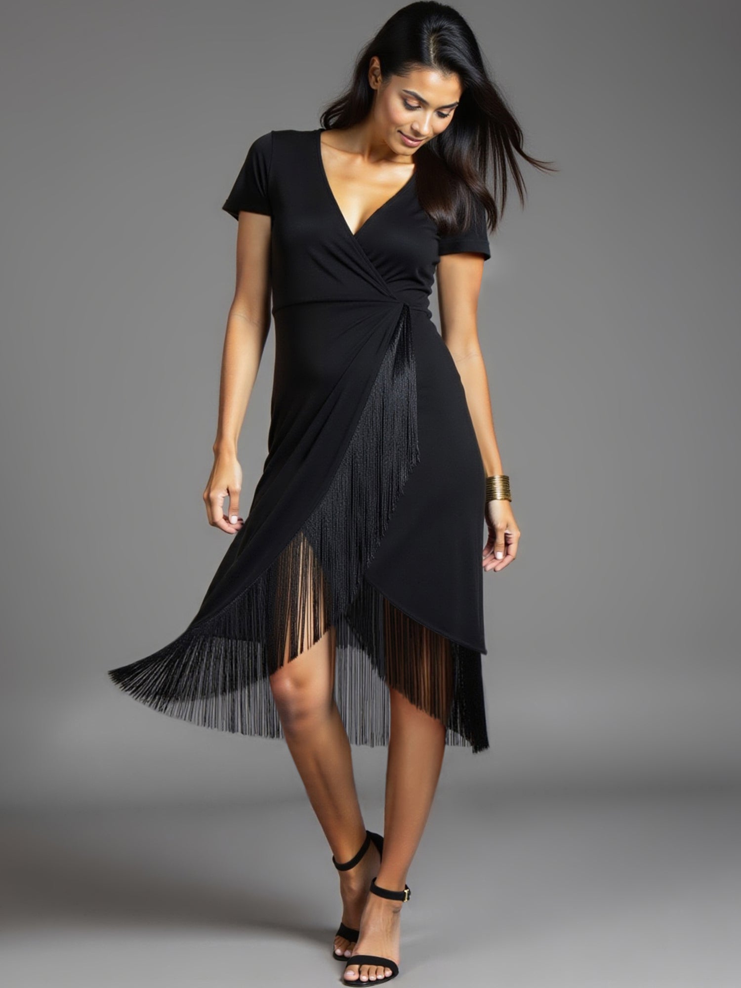 Short Sleeves Fringe Detail Midi Dress