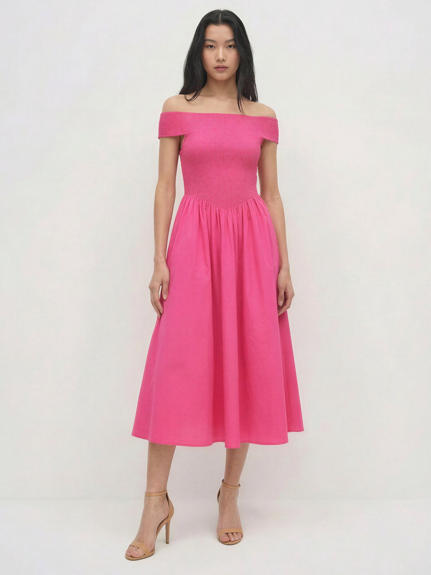 Off The Shoulder Smocked Cotton Midi Dress – New York & Company