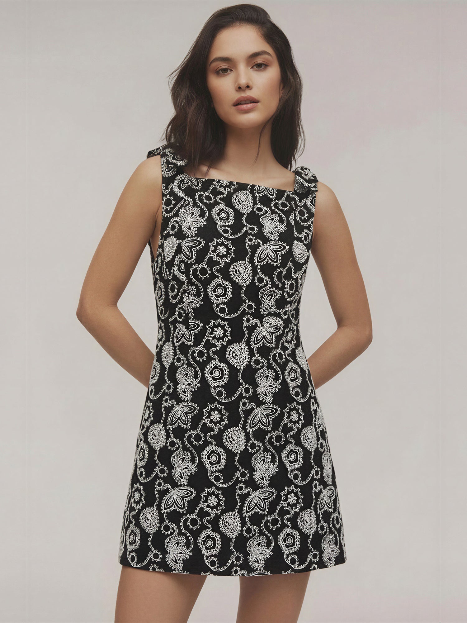 simone mini dress Simone Sleeveless Bow Shoulder Embrodiered Mini Dress