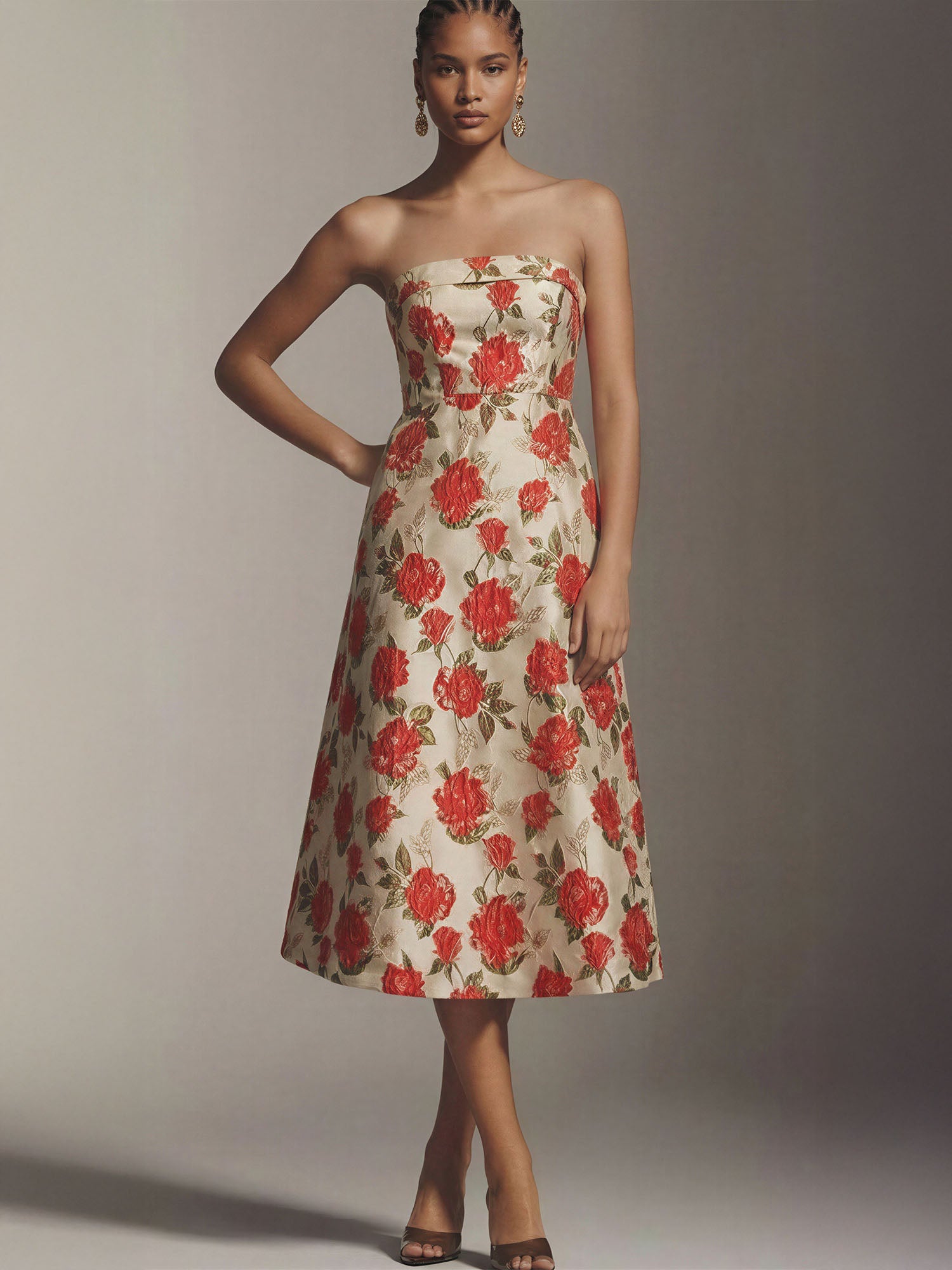 Strapless Gold Rose Jacquard Midi Dress Strapless Gold Rose Jacquard Midi Dress