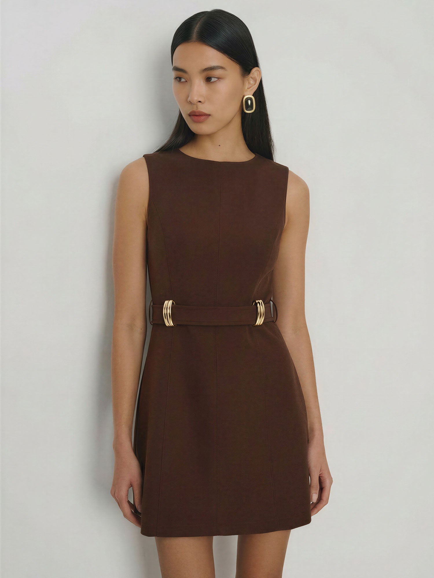 Gold Buckle Waist Mini Dress - SMALL / RED - WINE Gold Buckle Waist Mini Dress - SMALL / RED - WINE
