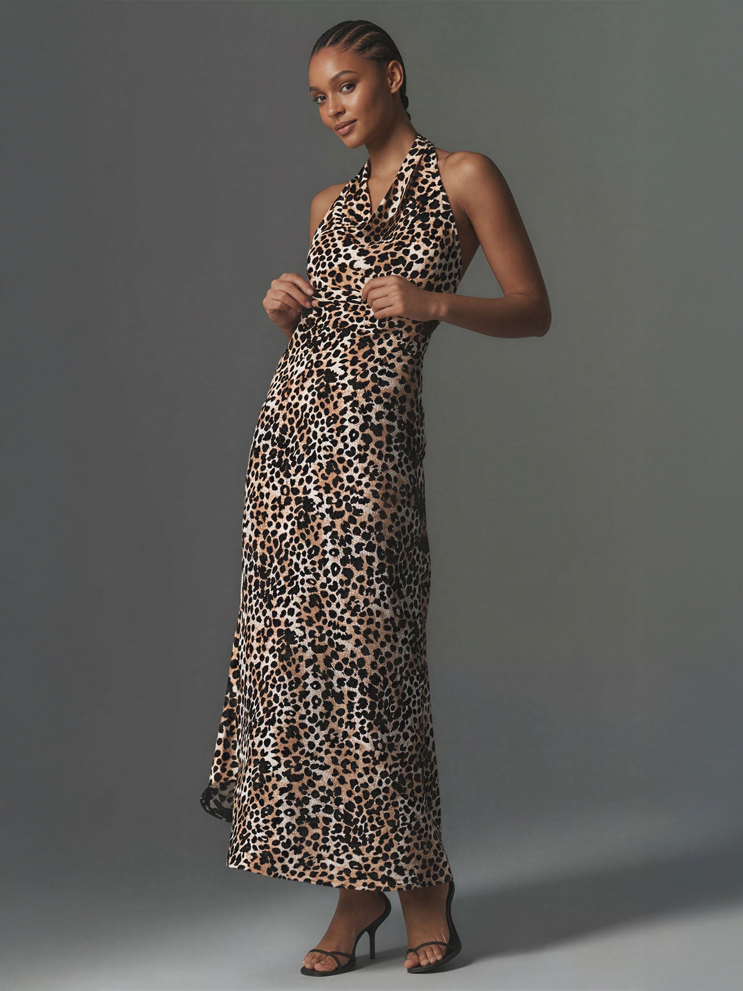 slim fit dress slacks Leopard Halter Cowl Neck Midi Dress – New York & Company