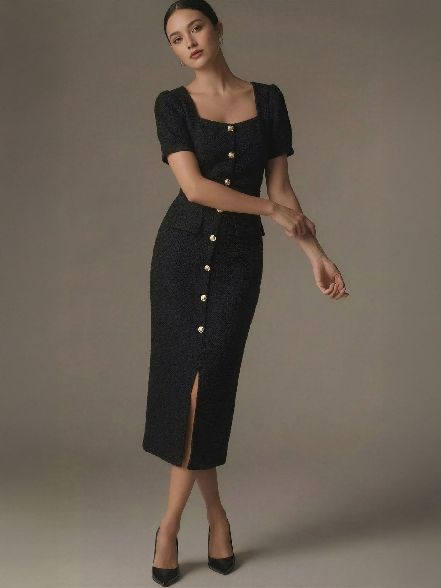 midi dress buttoned fron neck Square Neck Button Front Tweed Midi Dress