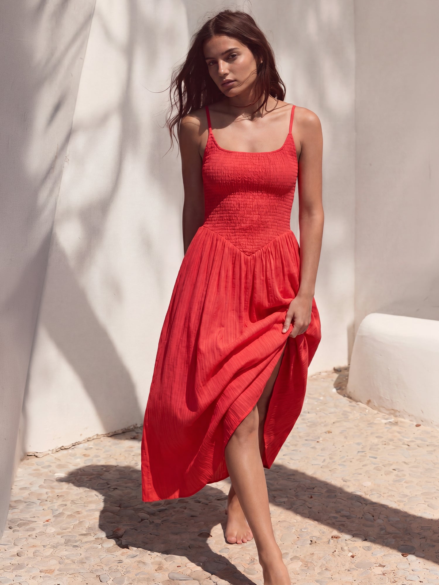 smocked waist beach dress Sleeveless Smocked Square Neck V Bodice Midi Sun Dress - MEDIUM / ORANGE