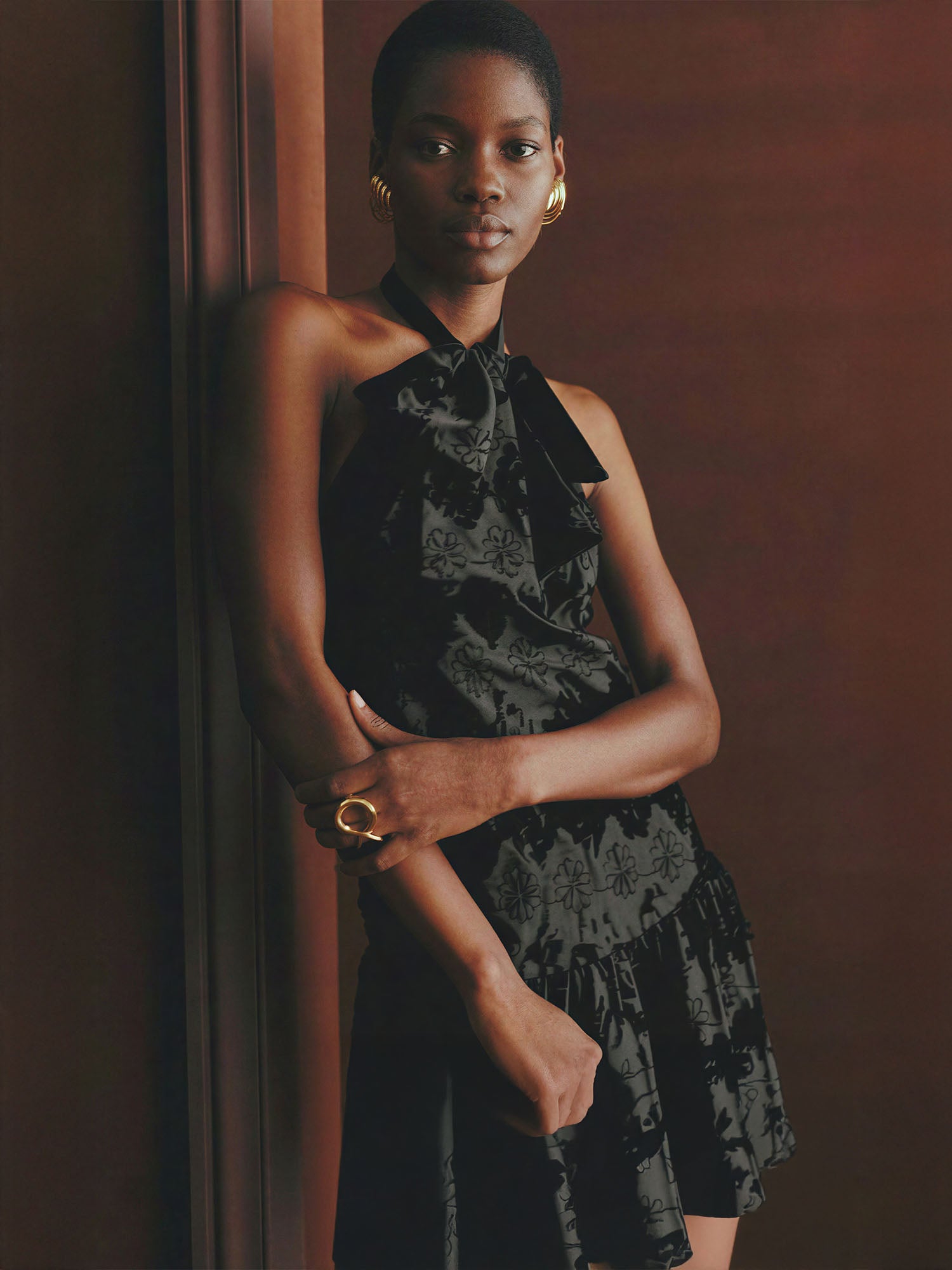 Halter Neck Bow Texture Dress - Small / Black