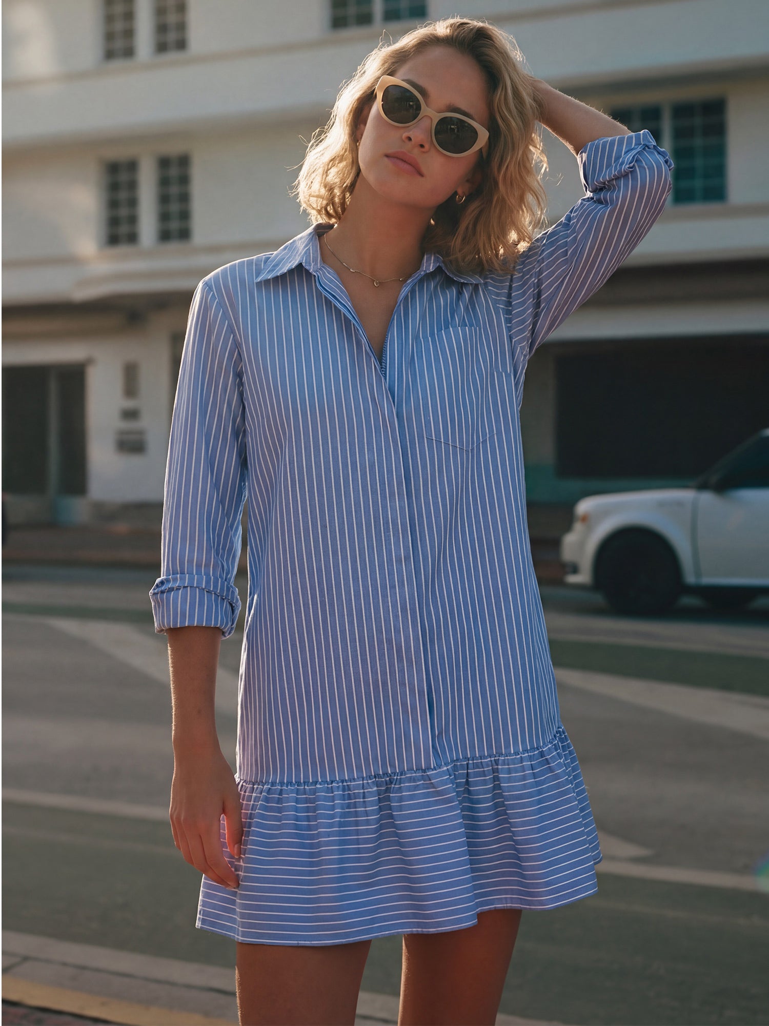 new york and company shirt dress Hidden Zip Up Bubble Hem Shirt Dress - SMALL / BLUE