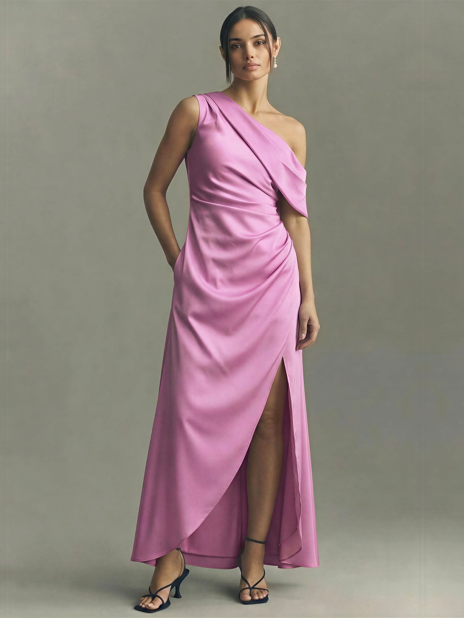 Sleeveless Ruched Satin Bodycon Gown - MEDIUM / NATURAL - CHAMPAGNE Sleeveless Ruched Satin Bodycon Gown - MEDIUM / NATURAL - CHAMPAGNE