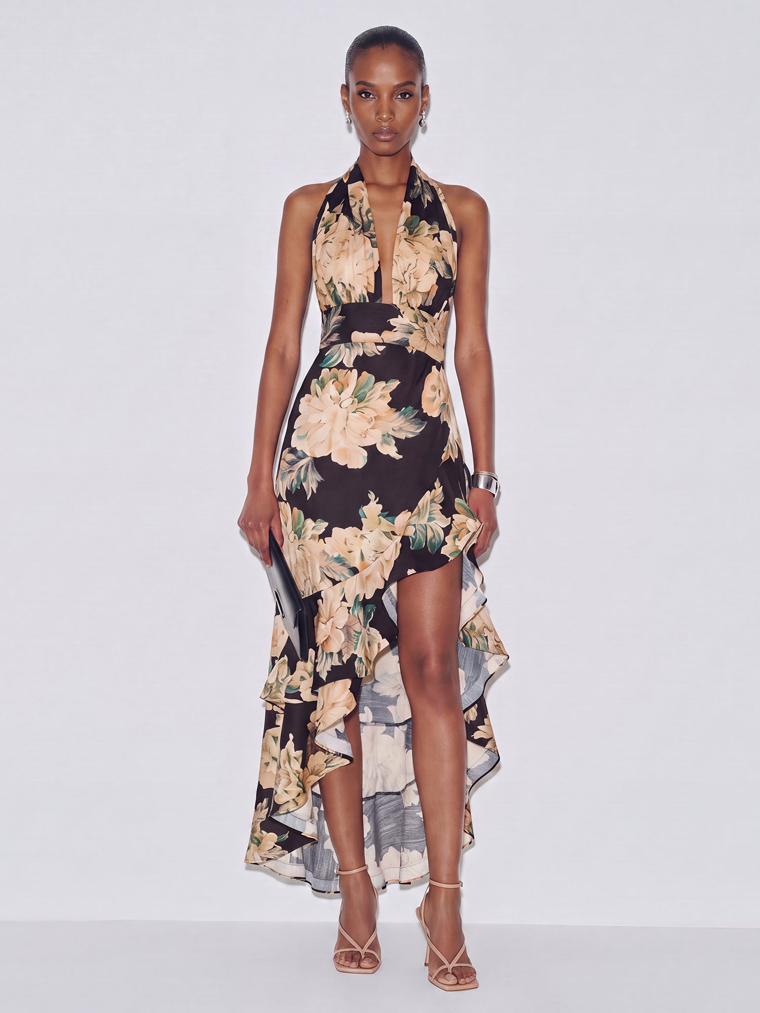 hem dress near me Sleeveless Satin V Neck Floral Ruffle Midi - LARGE / Black Product Details 9-4-23 live size:10/12 Berylove Women Off The