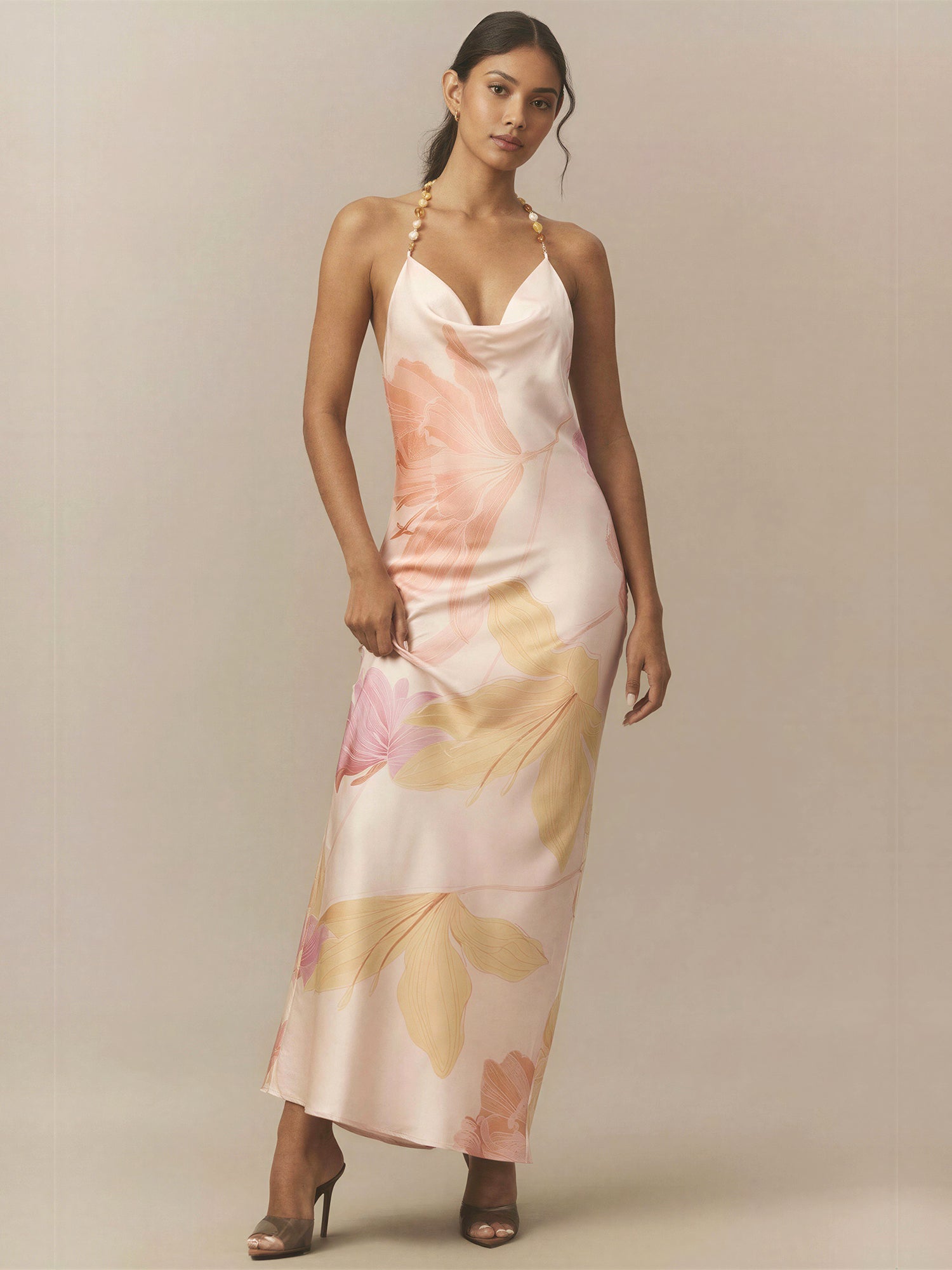 Sleeveless Watercolor Floral Beaded Straps Satin Gown - MEDIUM / MULTICOLOR Sleeveless Watercolor Floral Beaded Straps Satin Gown - MEDIUM / MULTICOLOR