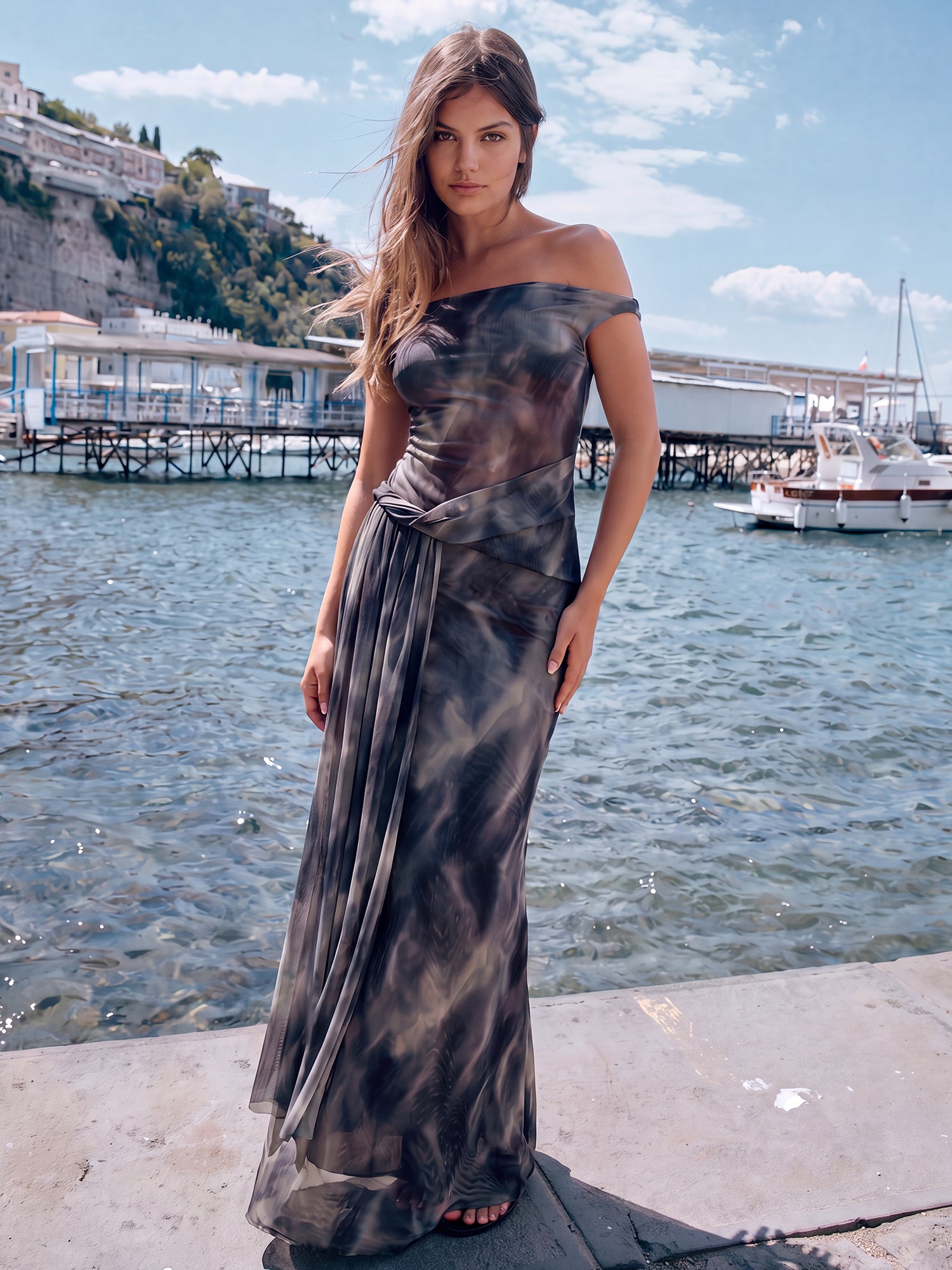 Off The Shoulder Water Color Mesh Tie Waist Maxi Dress