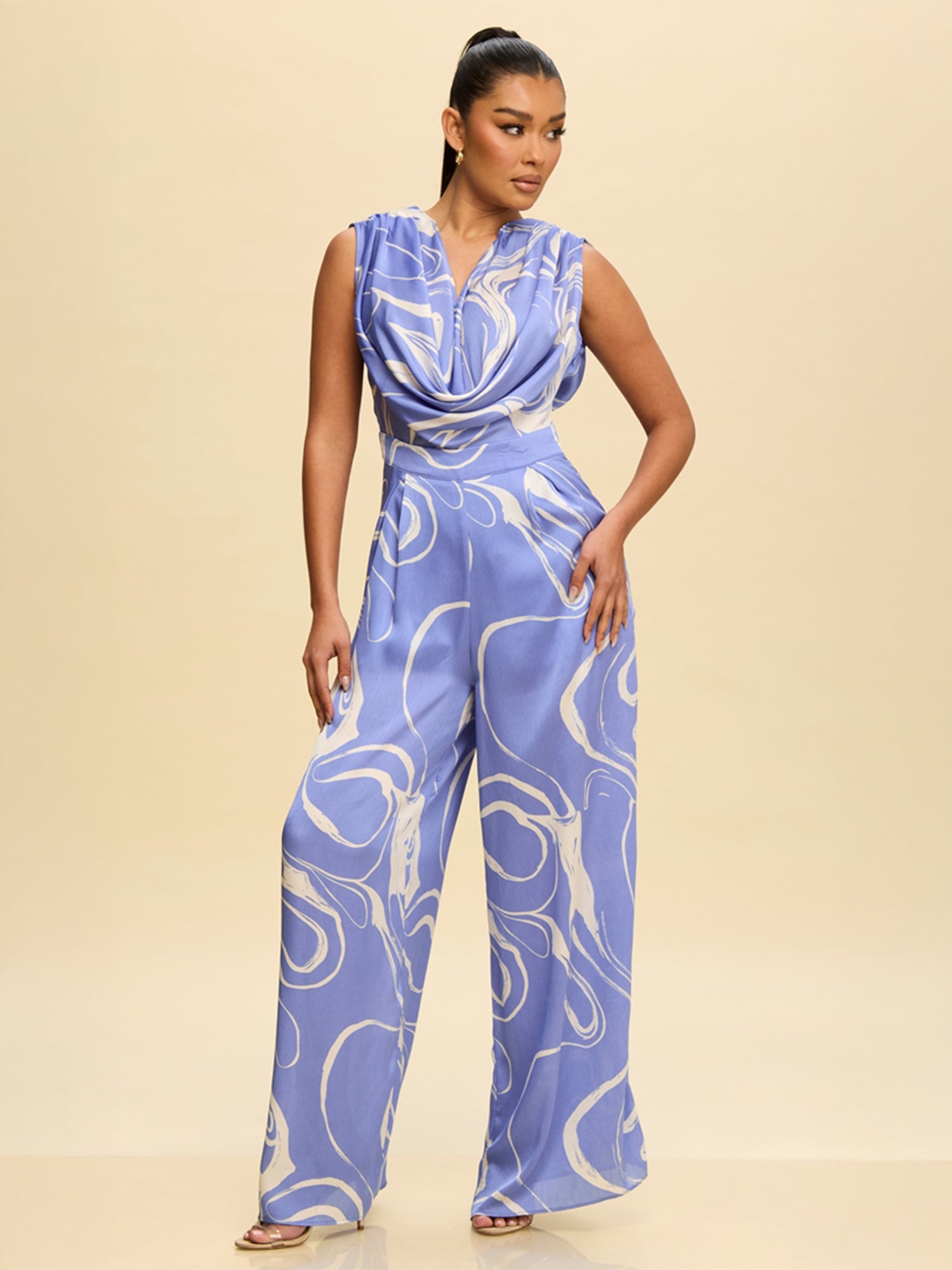 Cowl Neck Abstract Print Satin Jumpsuit – New York & Company