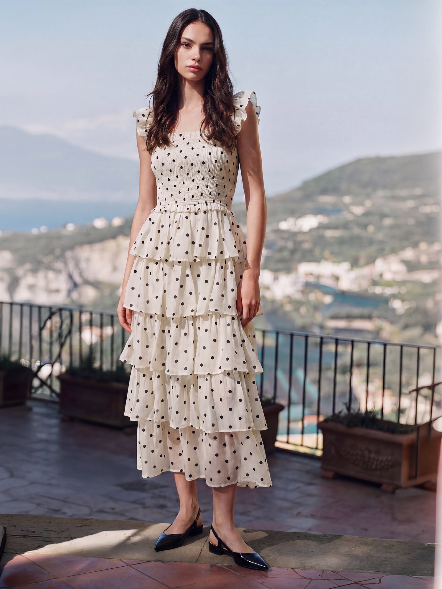 Polka Dot Smocked Bodice 5 Tiered Midi Dress - LARGE / NATURAL