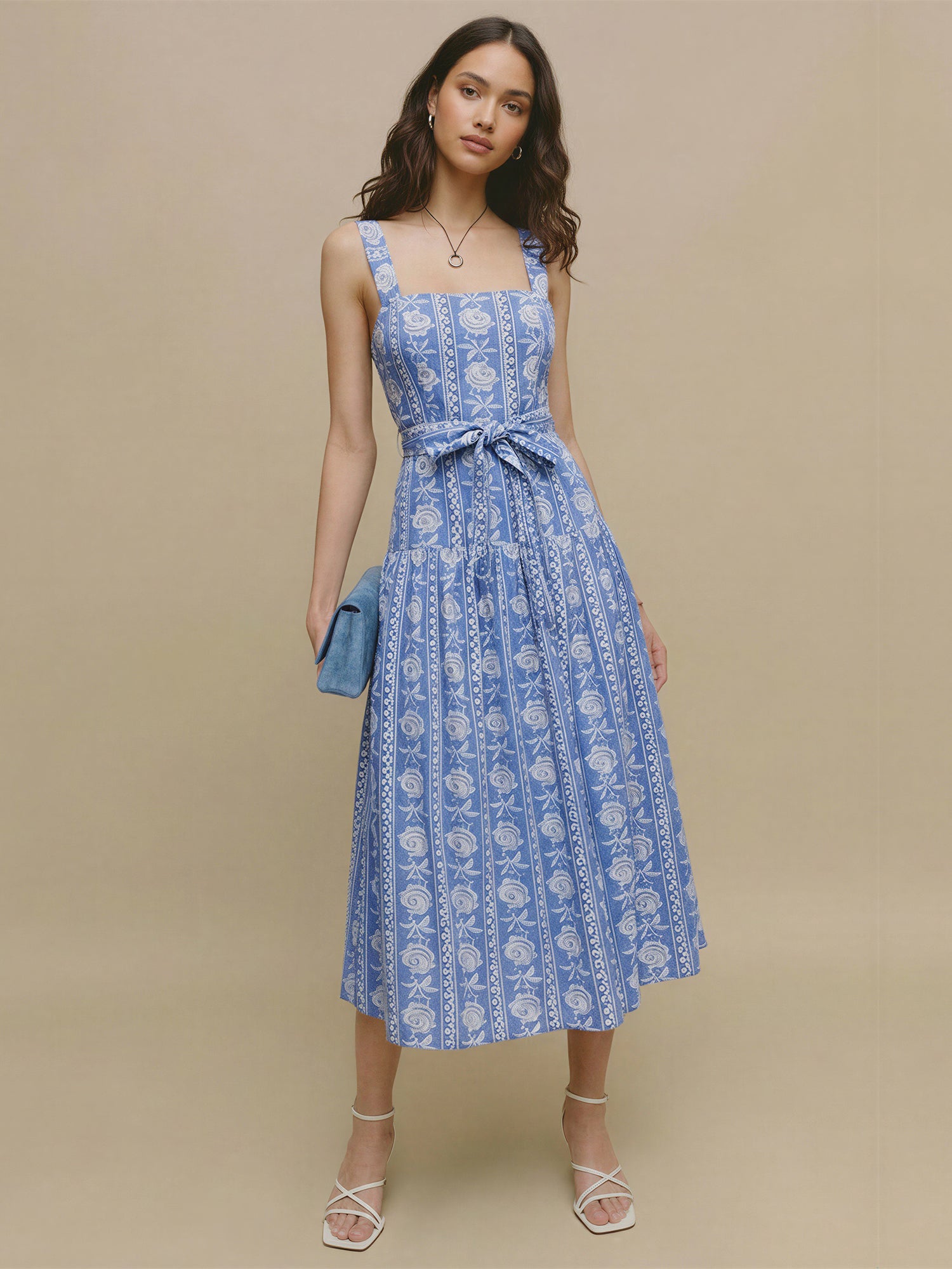 Rose Embroidered Tie Waist Square Neck Midi Dress – New York & Company