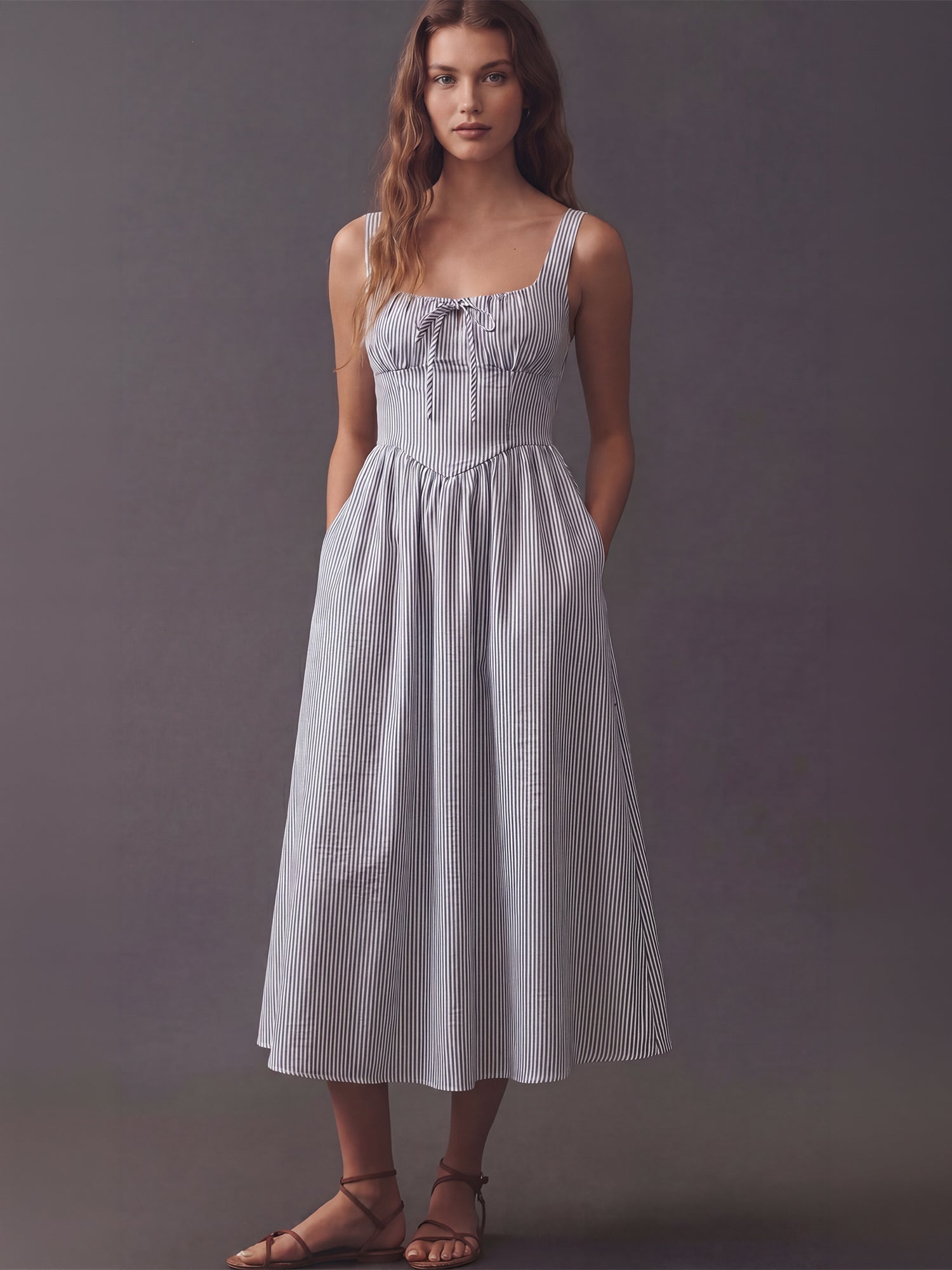 Sleeveless Square Neck Striped Fit And Flare Midi Dress - LARGE / BLUE