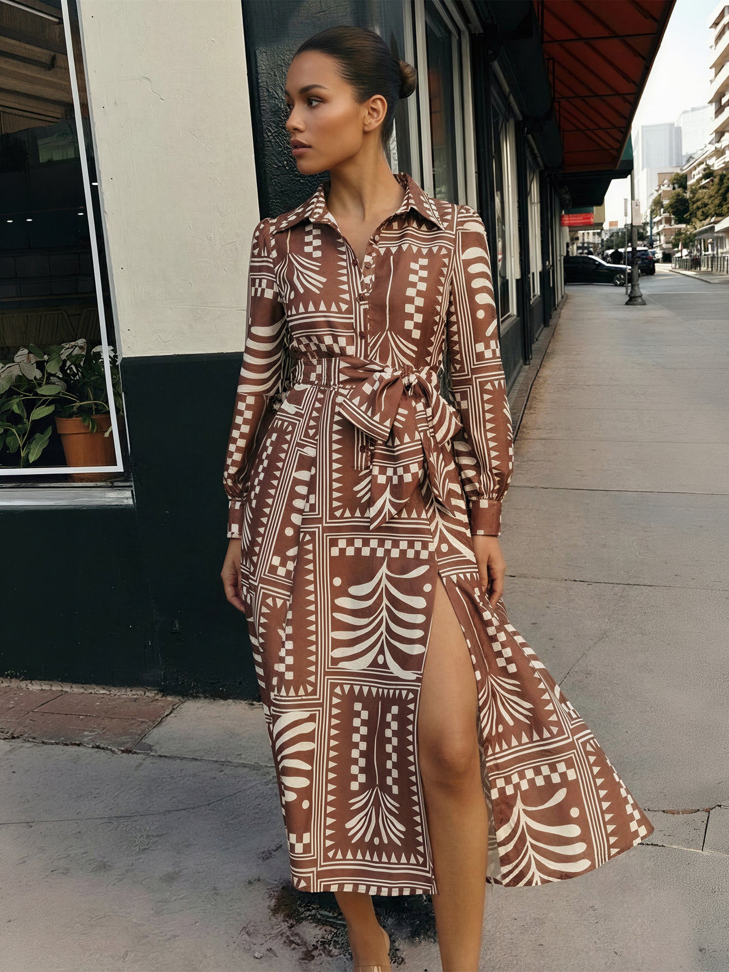 Long Sleeve Printed Tie Waist Maxi Shirt Dress - SMALL / BROWN Long Sleeve Printed Tie Waist Maxi Shirt Dress - SMALL / BROWN