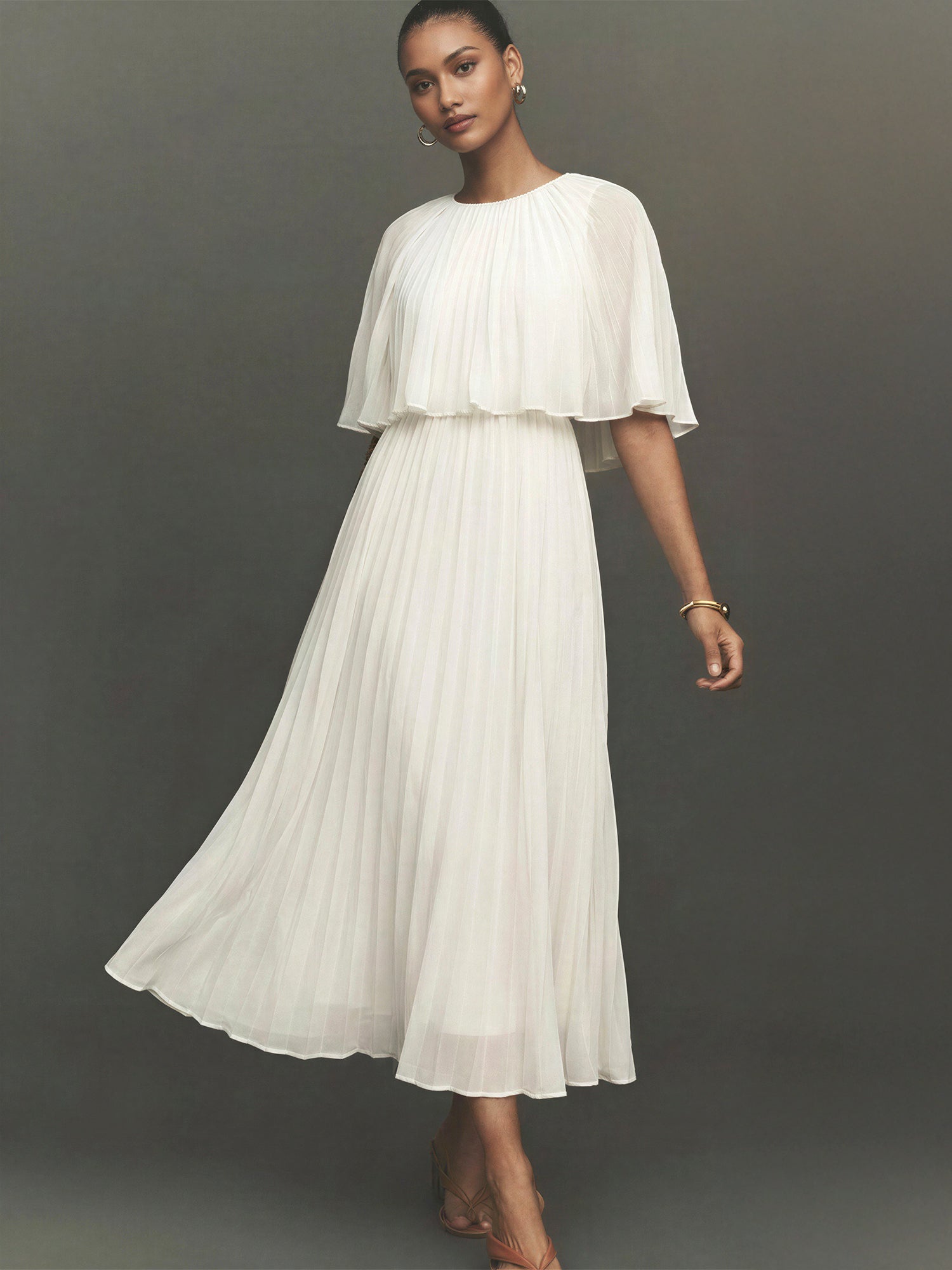 midi dress cape Cape Pleated Woven Midi Dress - SMALL / NATURAL