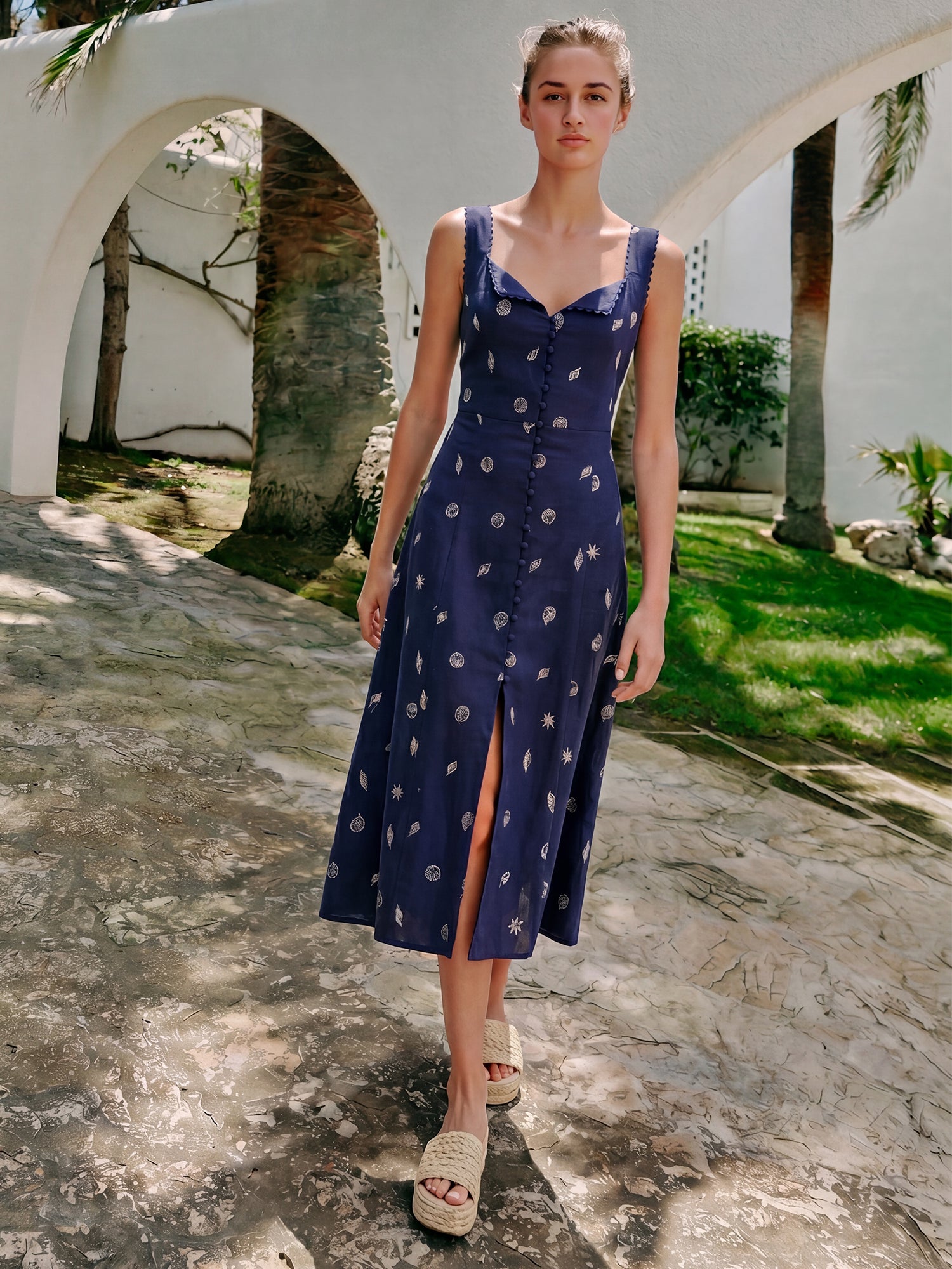 Floral Denim Midi Aline Sundress - SMALL / BLUE