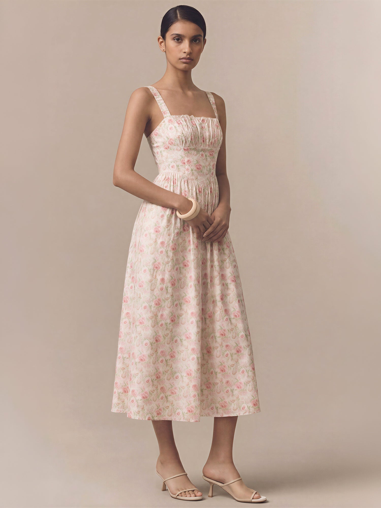 flowy midi dresses Sleeveless Ruched Bodice Floral Flowy A Line Midi Dress - LARGE / PINK