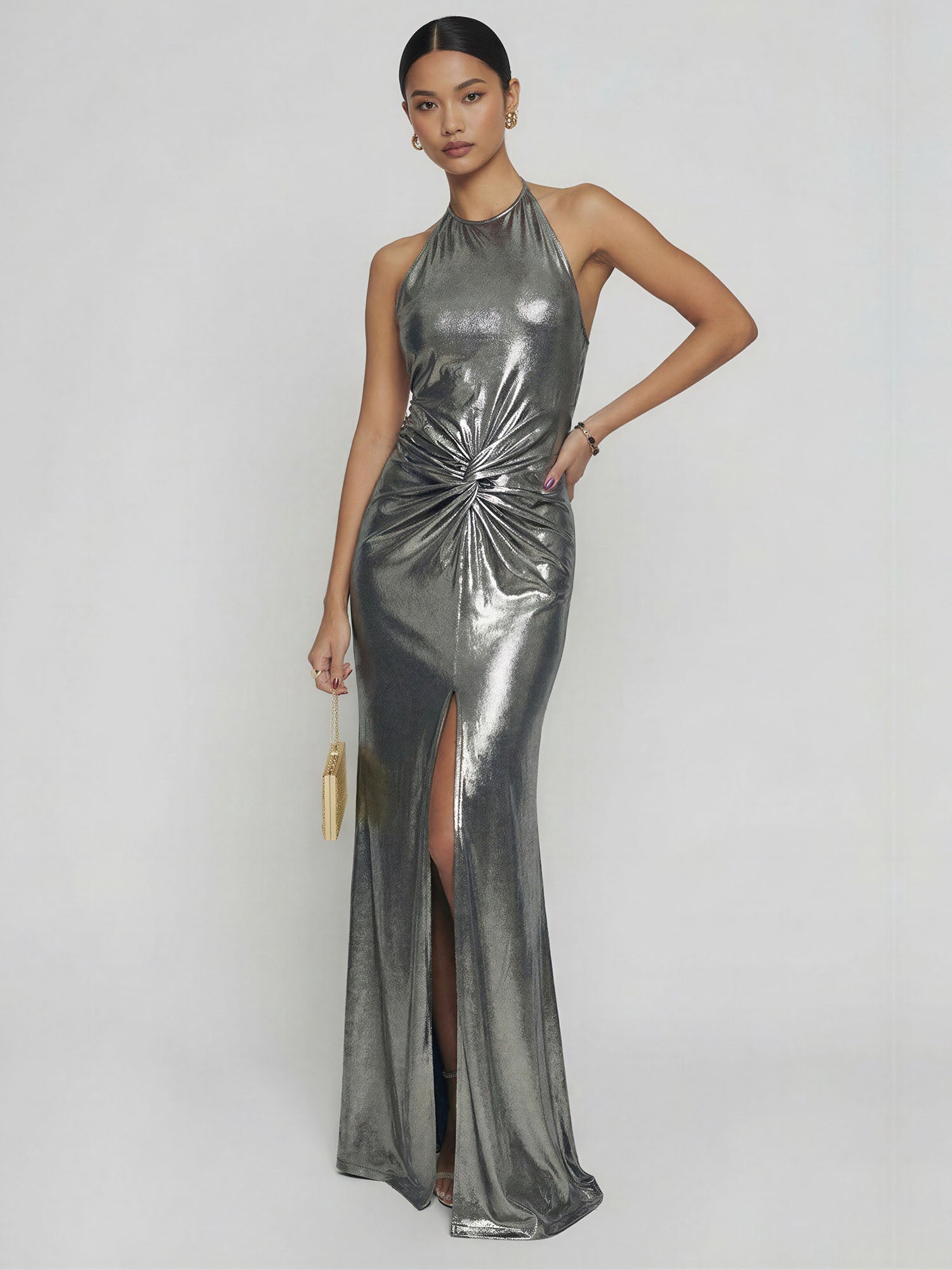 Halter Neck Twist Metallic Slit Gown - MEDIUM / Black