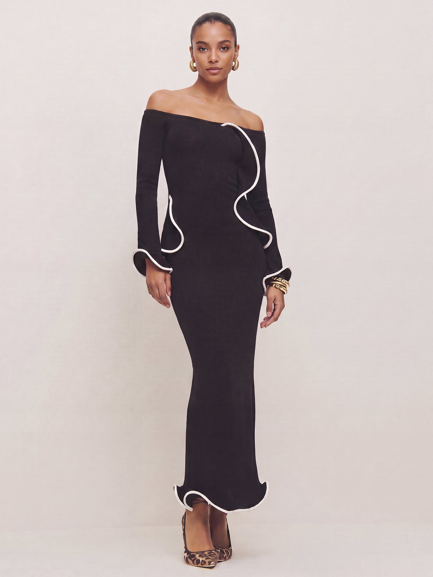 contrast bodycon dress Off The Shoulder Knit Trim Knit Maxi - LARGE / Black Knitted dresses