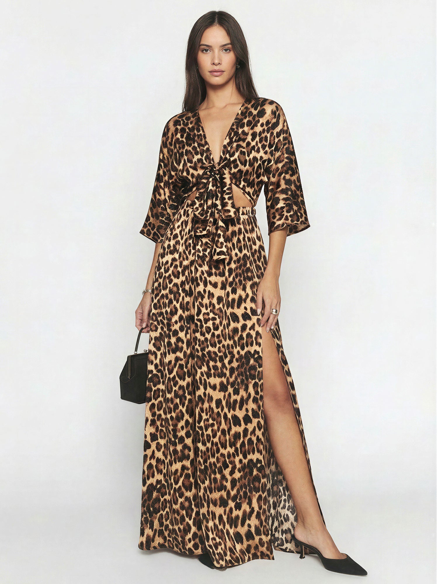 maxi dress front open Short Sleeve Tie Front Side Cut Out Leopard Maxi Dress - SMALL / NATURAL