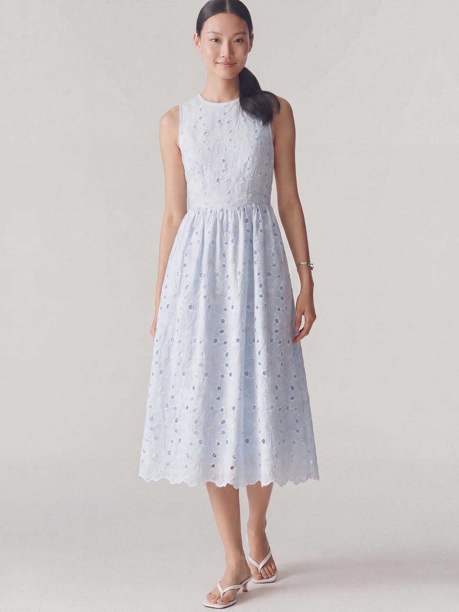 midi length fit and flare dress Sleeveless Eyelet - SMALL / BLUE Top & Dress Velvet Colors:Sky Blue 818 - Not available breathable enough for travelingthis Lioness Club Strapless Tie-Front