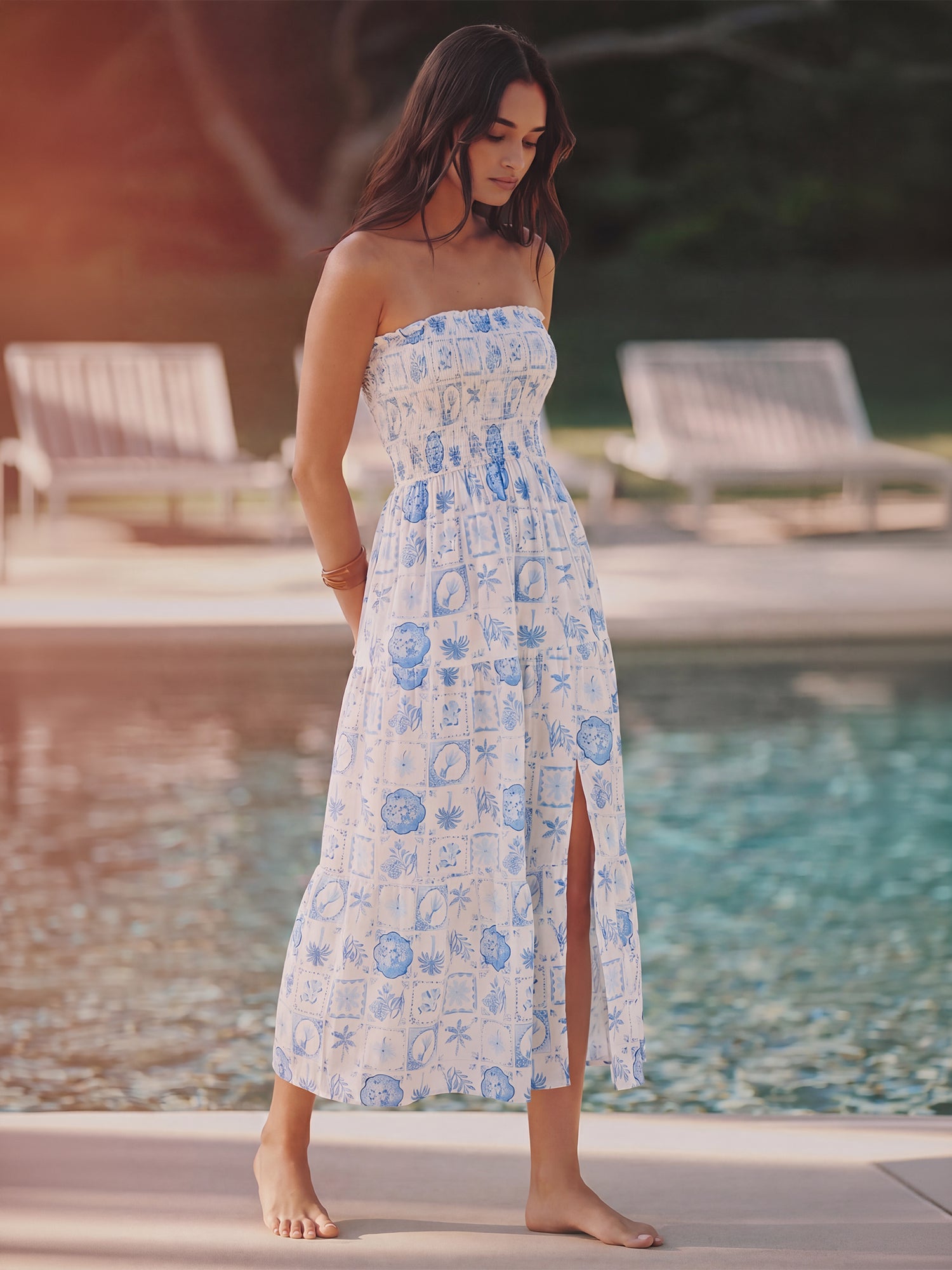 strapless maxi flowy dress Strapless Tropical Patchwork Print Maxi Flowy Dress - SMALL / BLUE