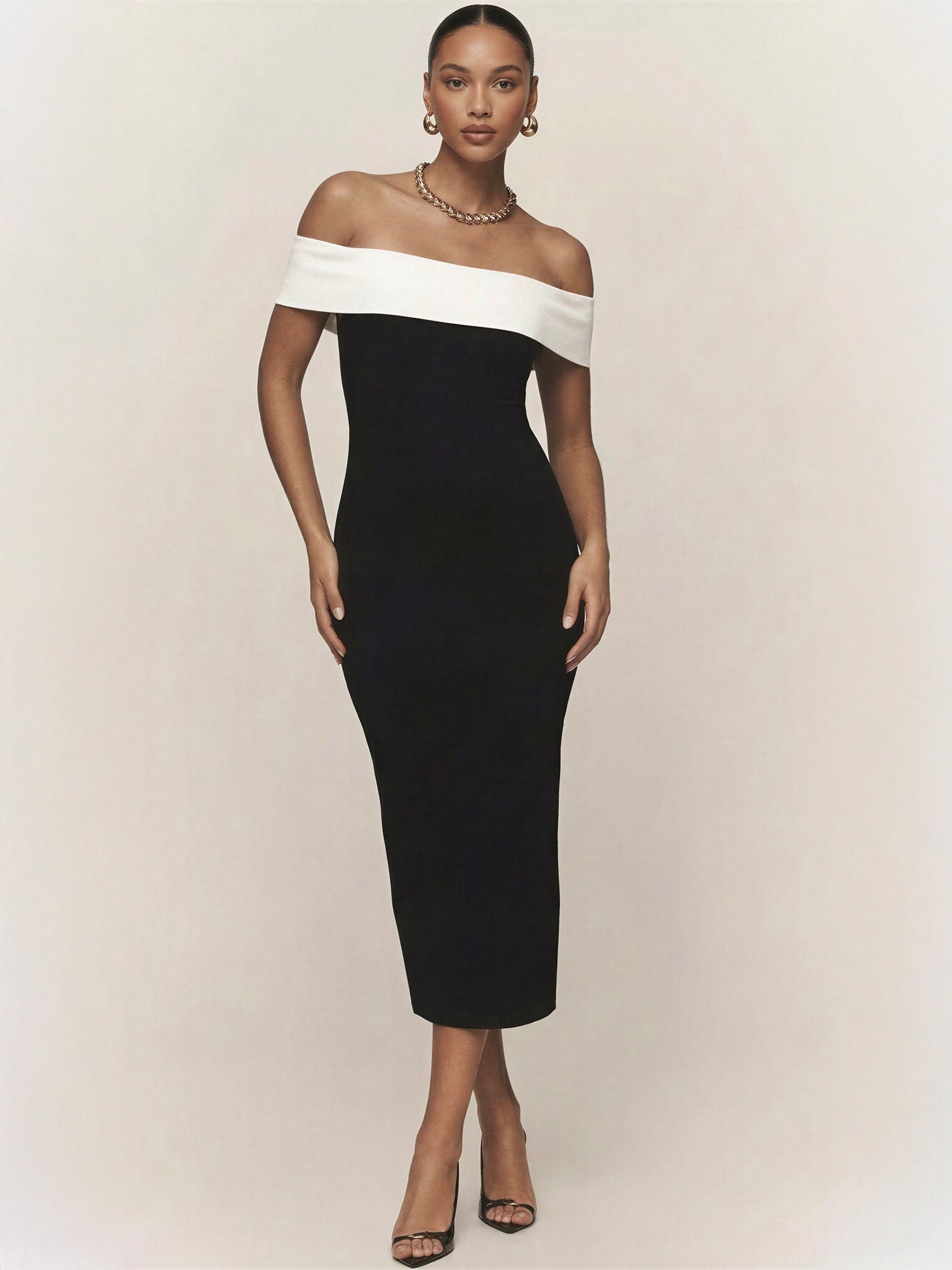Contrast Off The Shoulder Bodycon Midi Dress - SMALL / Black - Black/White Contrast Off The Shoulder Bodycon Midi Dress - SMALL / Black - Black/White