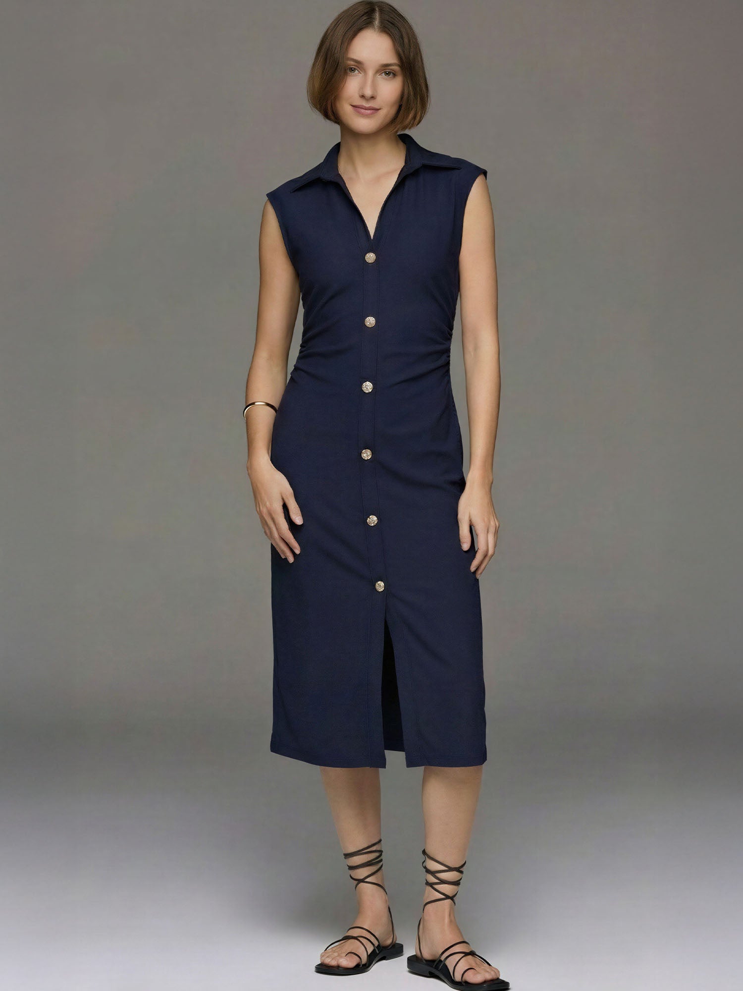 long sleeve button up ruched dress Cap Sleeve Collared Button Front Ruched Midi Dress - MEDIUM / BLUE