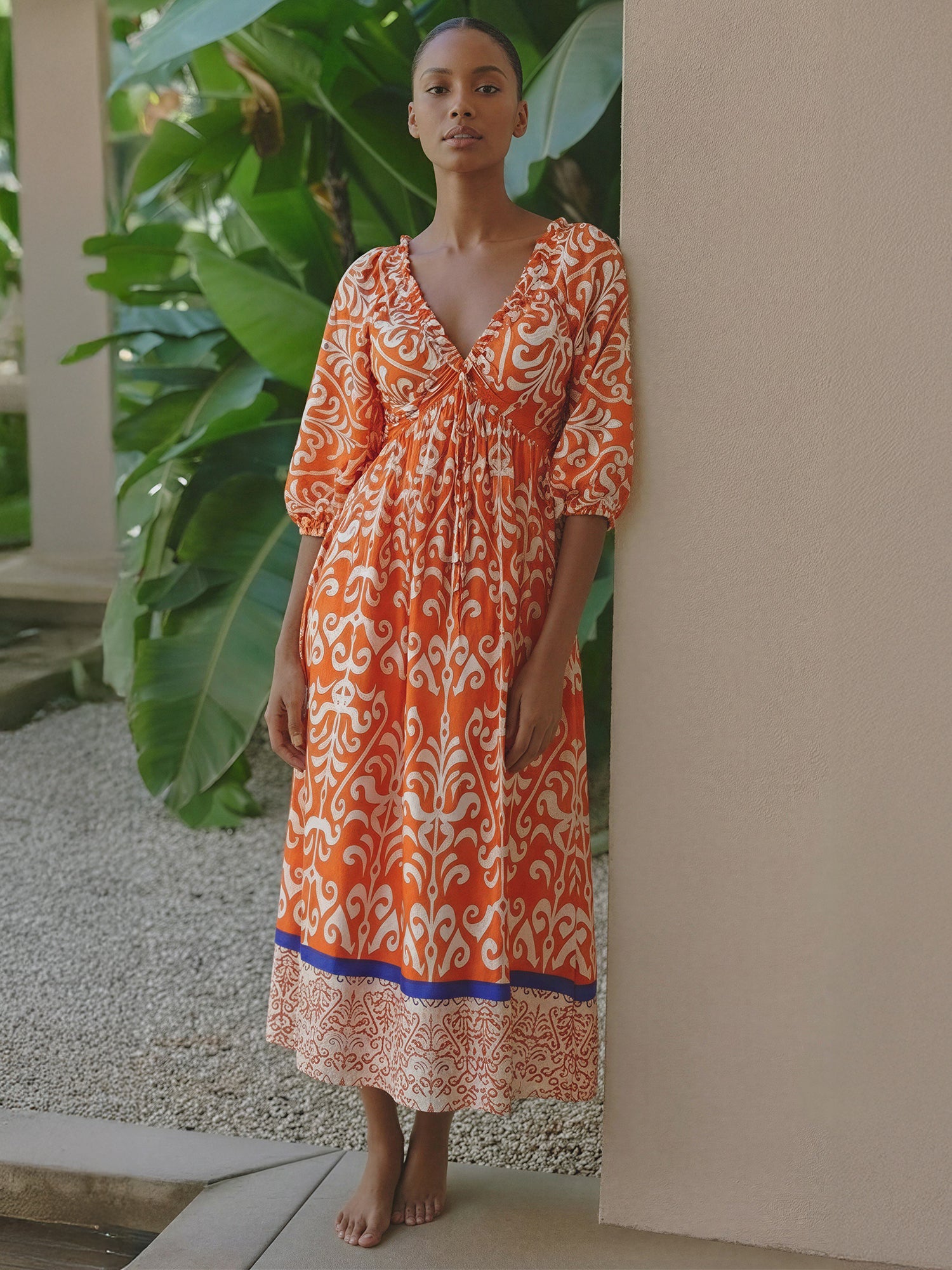 Printed V-Neck Woven Midi Dress With Tie Border Print - SMALL / ORANGE - ORANGE / 10000 Printed V-Neck Woven Midi Dress With Tie Border Print - SMALL / ORANGE - ORANGE / 10000