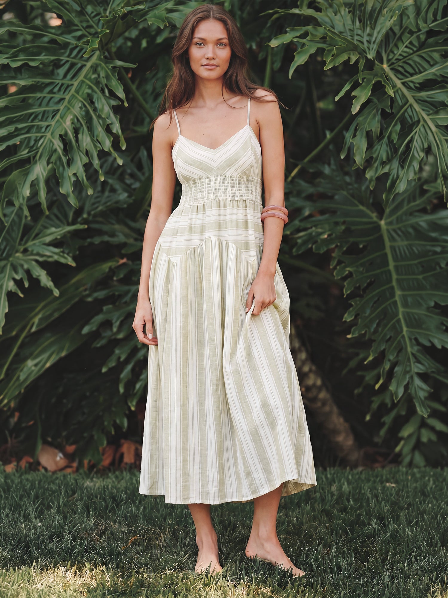 fit and flare ankle length dress Sleeveless Multi Stripe Fit And Flare Maxi Dress - LARGE / GREEN