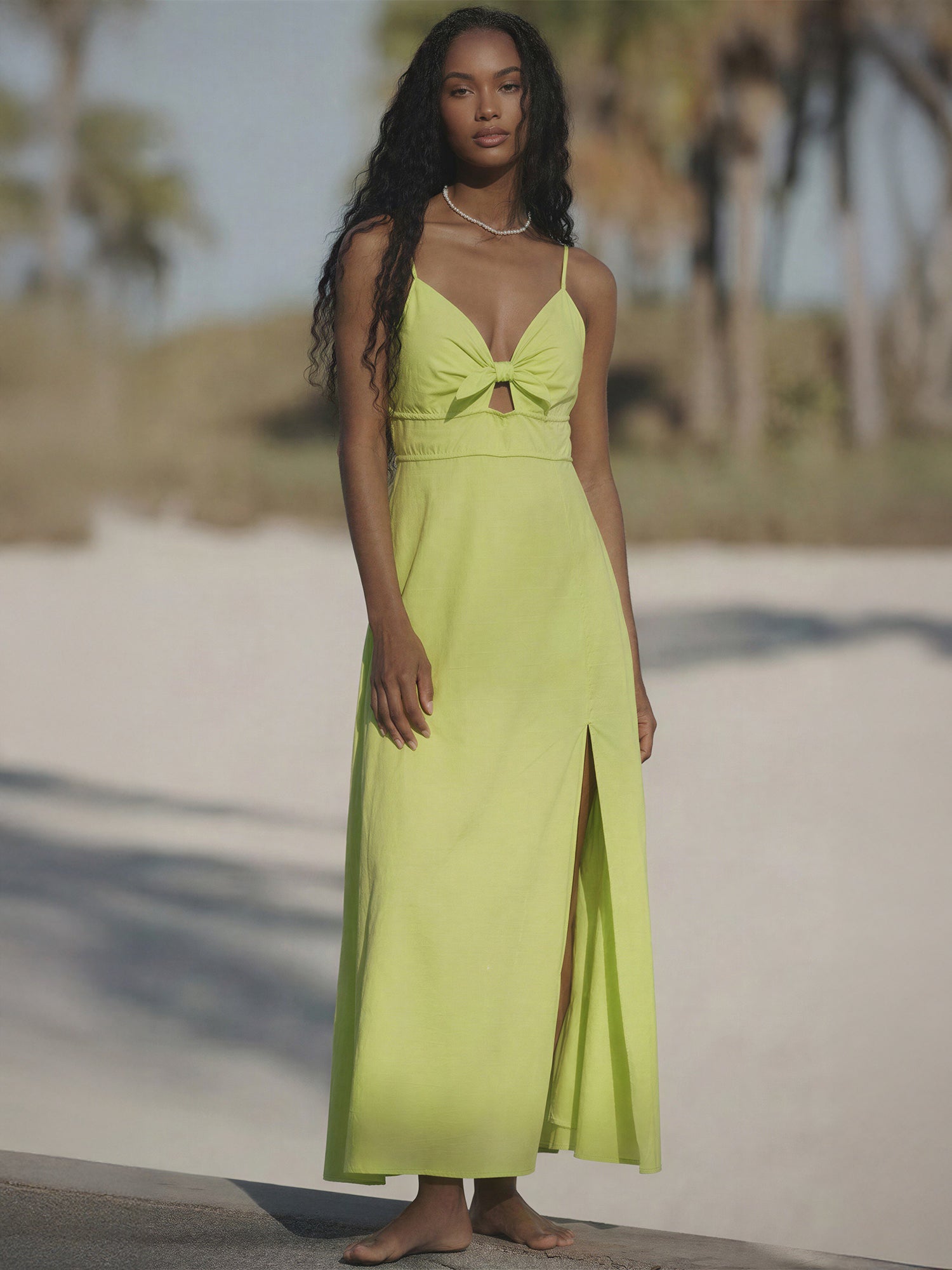 Knot Front Linen Slit Front Midi Dress - SMALL / GREEN - LIMETASTIC / 10000 Knot Front Linen Slit Front Midi Dress - SMALL / GREEN - LIMETASTIC / 10000