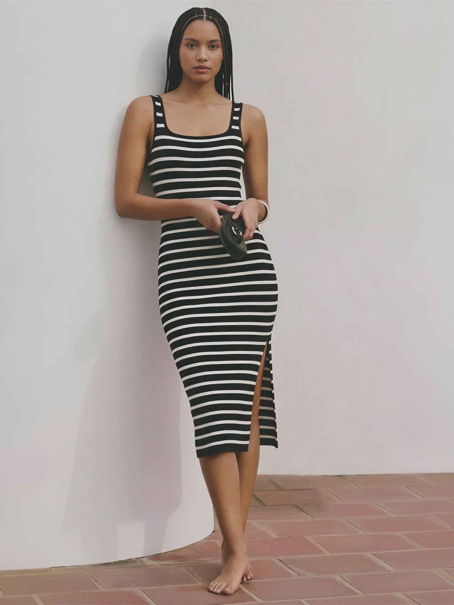 Sleeveless Striped Knit Slit Midi Dress - SMALL / Black Sleeveless Striped Knit Slit Midi Dress - SMALL / Black