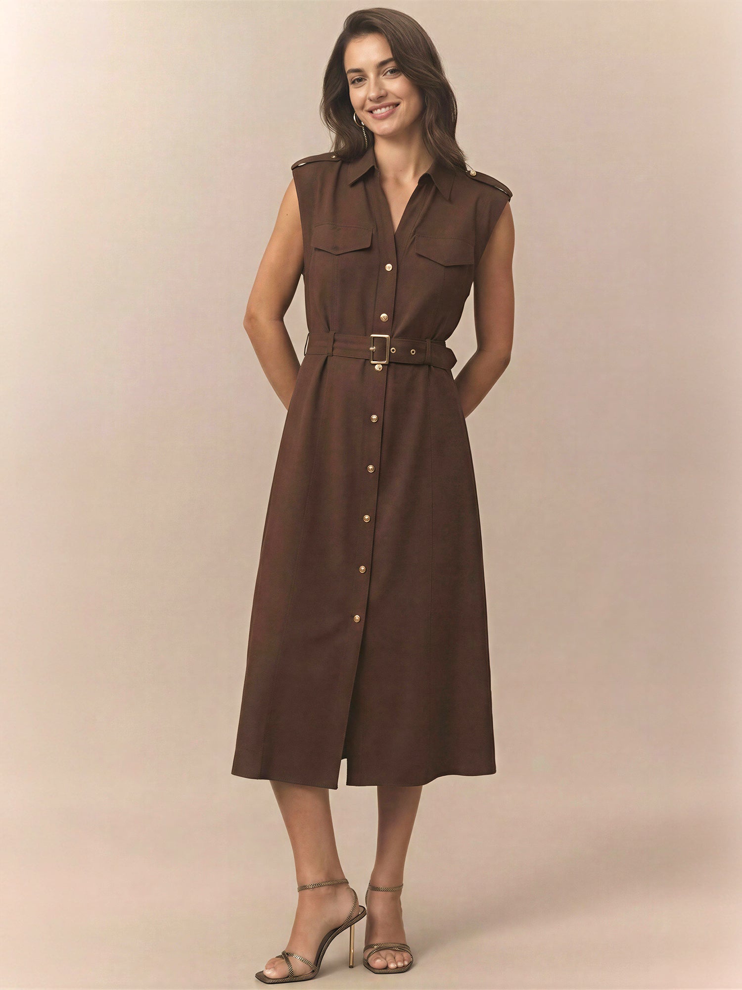 Sleeveless Utility Button Down Linen Bled Shirt Midi Dress - SMALL / BROWN - BROWN Sleeveless Utility Button Down Linen Bled Shirt Midi Dress - SMALL / BROWN - BROWN