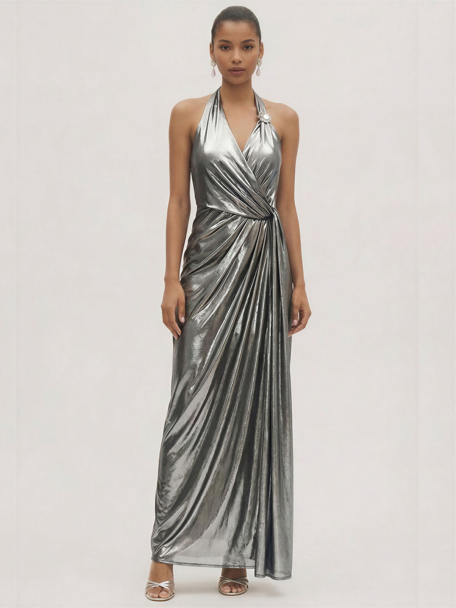 Wrap Front Halter Neck Metallic Gown - LARGE / GREY - SILVER Wrap Front Halter Neck Metallic Gown - LARGE / GREY - SILVER