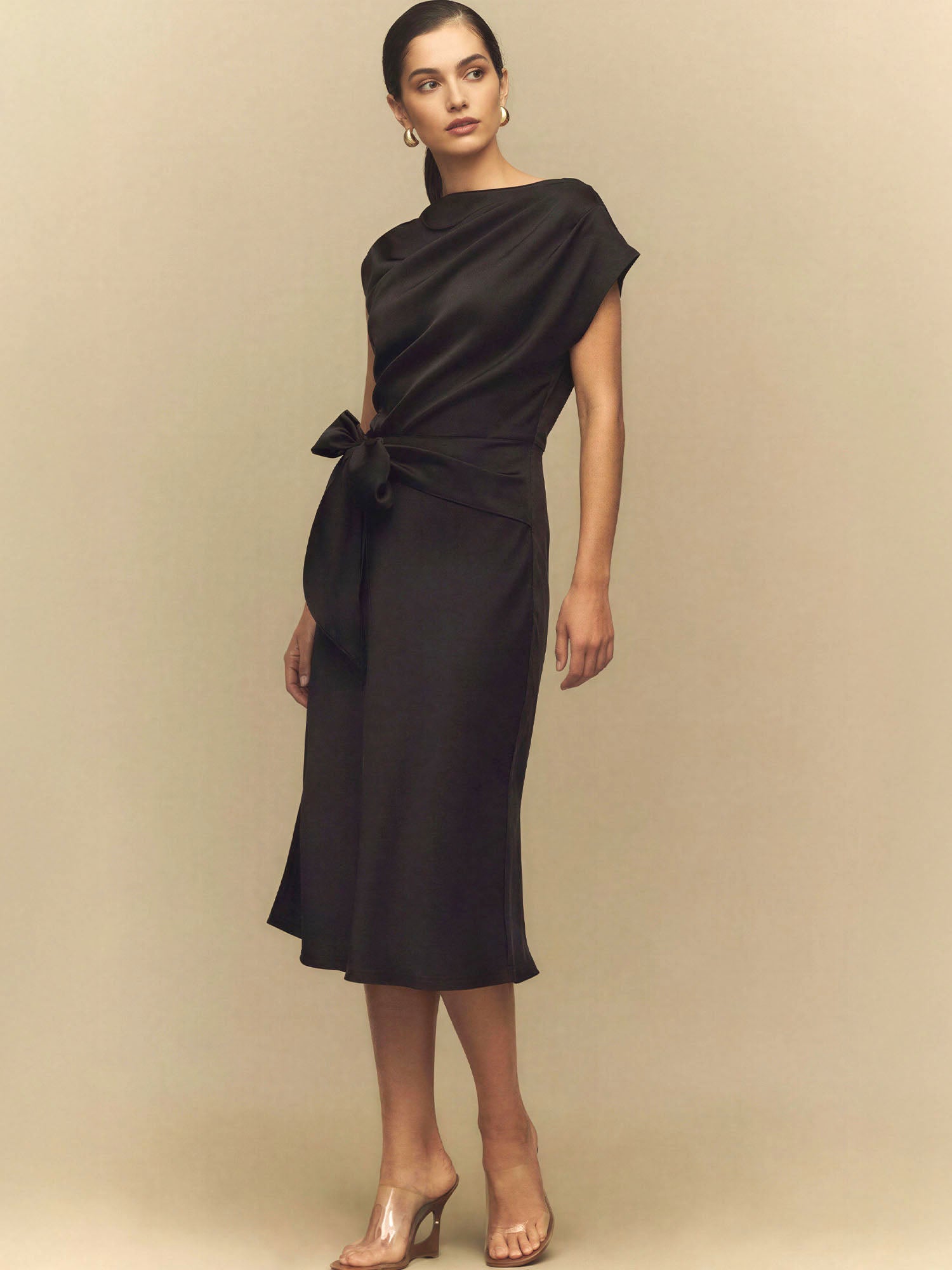 Satin Asymmetrical Blouson Style Top Midi Dress - MEDIUM / Black - Black