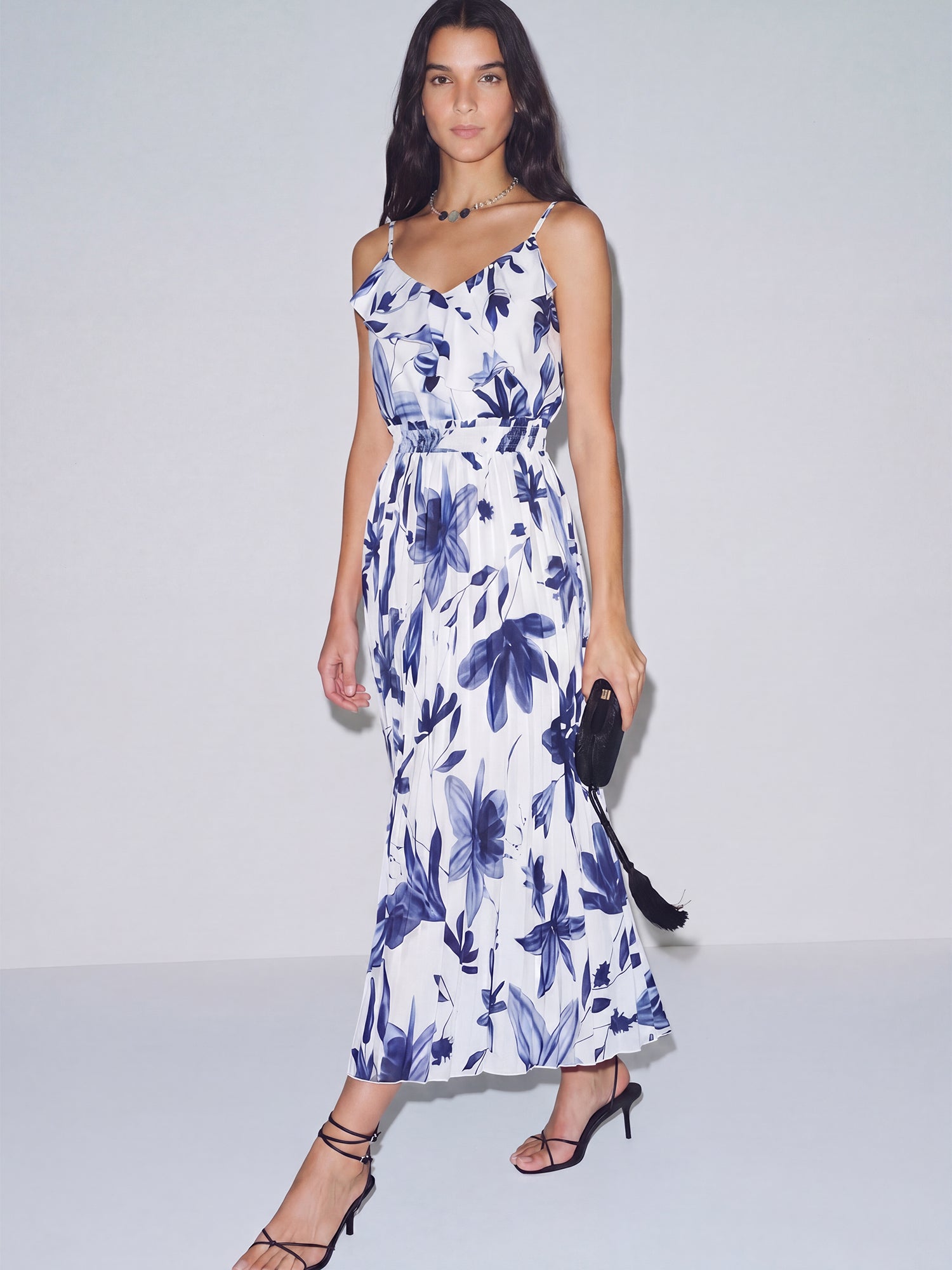 pleated floral midi dress Dusty Floss Floral Pleated Midi Dress LT-BLUE-MULT / L by Sugarlips